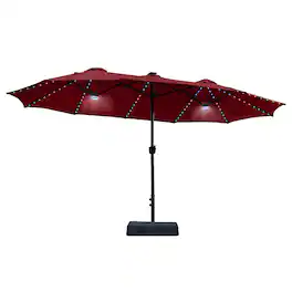 Mondawe - 15ft Double-Sided Solar RGB LED Patio Umbrella with Base, Dual Charging - Red