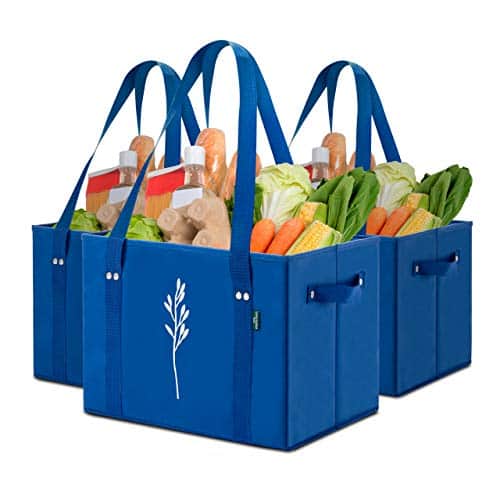 Vulpecula Spade - Green Bulldog Reusable Grocery Bags - Heavy Duty Reusable Shopping Tote Bags W/Long Handles, Foldable & Collapsible - 3pc - Blue