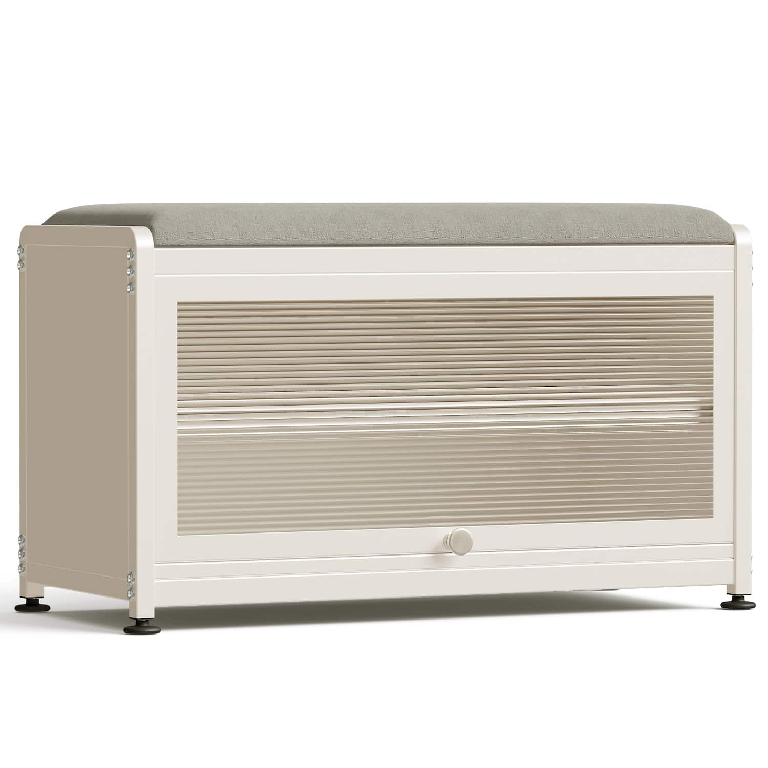 Front. Malletson - 3-Tier Shoe Storage Bench, Metal Shoe Rack with Removable Seat Cushion, for Entranceways, Hallways and Bedrooms - White.