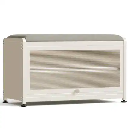Front. Malletson - 3-Tier Shoe Storage Bench, Metal Shoe Rack with Removable Seat Cushion, for Entranceways, Hallways and Bedrooms - White.