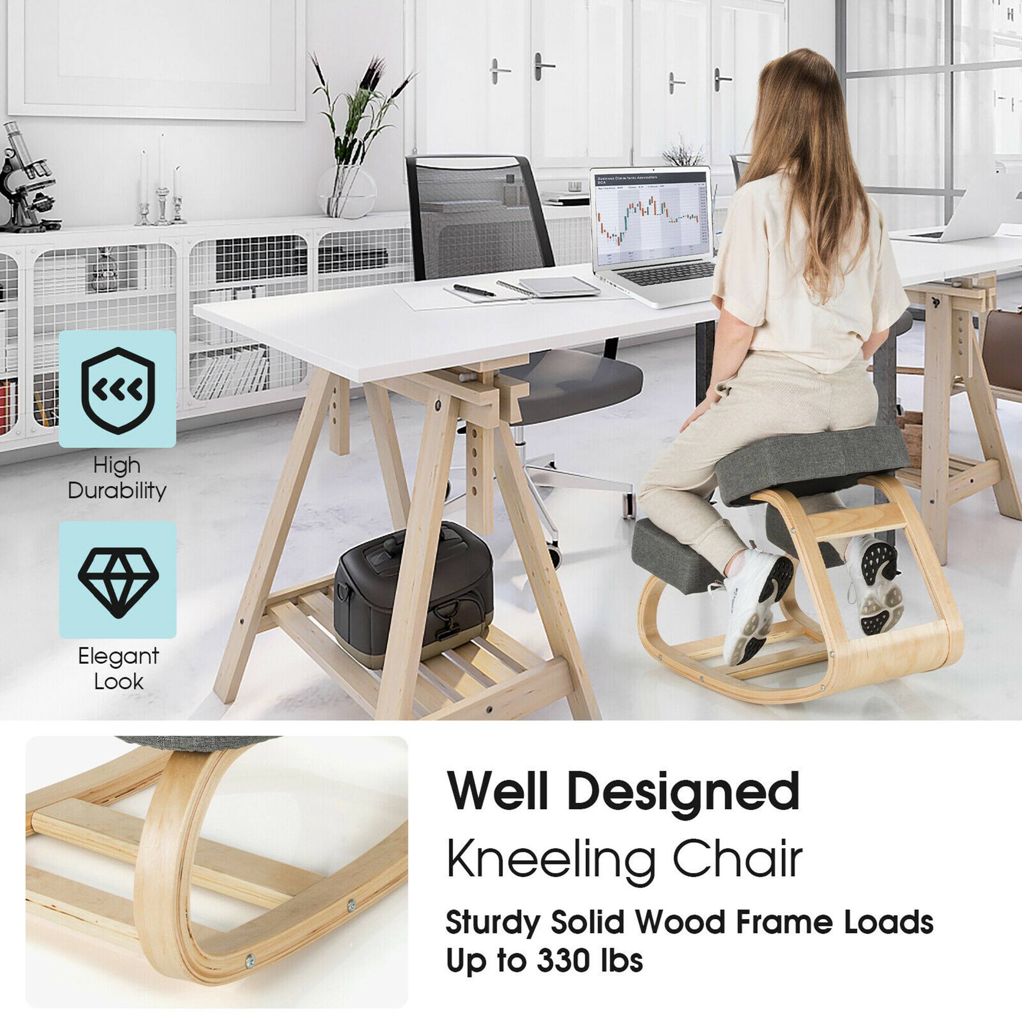 The text on the image is grouped as follows:
High Durability Elegant Look Well Designed Kneeling Chair Sturdy Solid Wood Frame Loads Up to 330 Ibs.