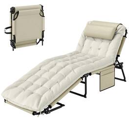 Resenkos - Folding Chaise Lounge Pool Chair With 4-Level Reclining Back, Cushion, Side Pocket, Headrest - Beige