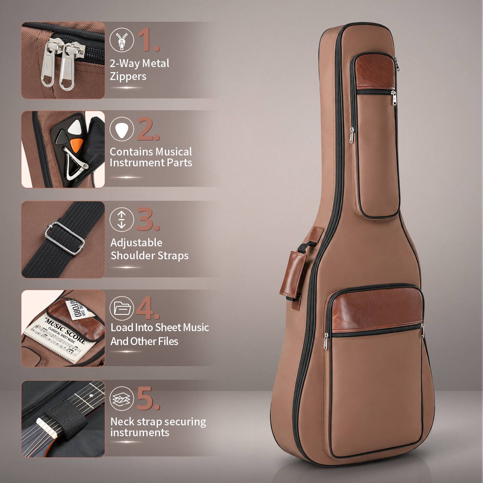 1. 2-Way Metal Zippers  
2. Contains Musical Instrument Parts  
3. Adjustable Shoulder Straps  
4. Load Into Sheet Music And Other Files  
5. Neck strap securing instruments