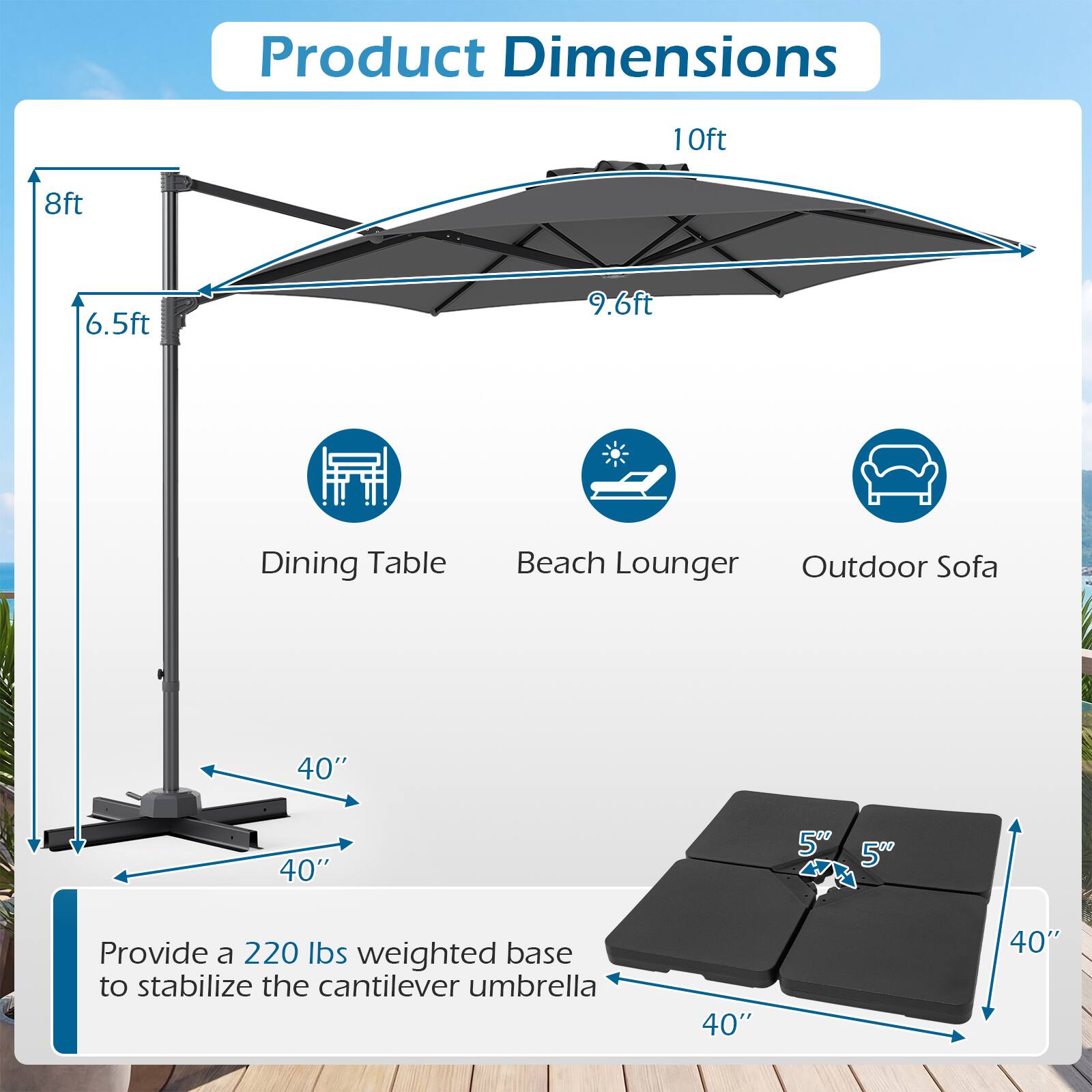 Product Dimensions

- 10ft
- 8ft
- 6.5ft
- 9.6ft

Dining Table, Beach Lounger, Outdoor Sofa

40" x 40" x 5" (Base)

Provide a 220 lbs weighted base to stabilize the cantilever umbrella.