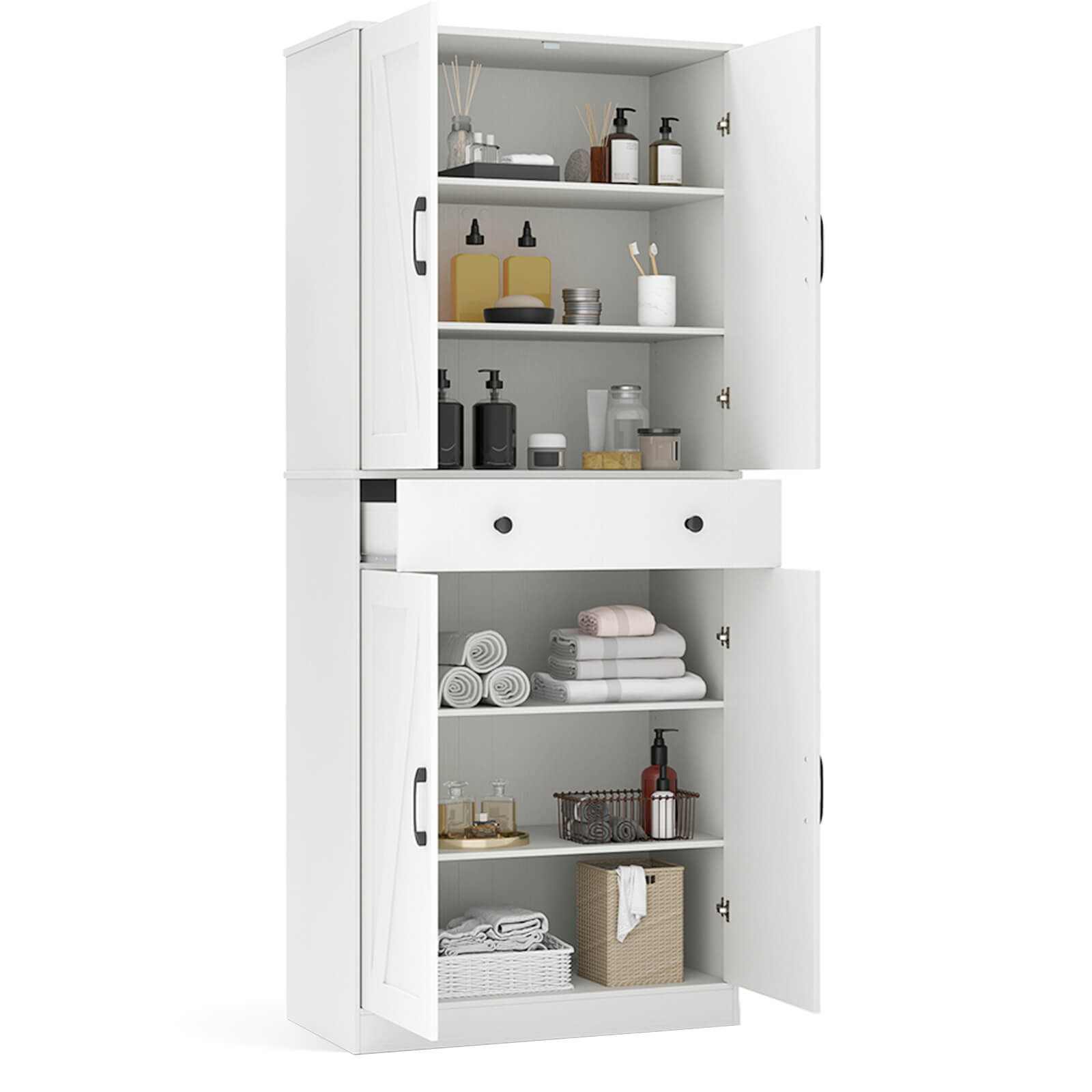 Angle. Costway - Costway 72" Tall Kitchen Pantry Modern Farmhouse Cupboard Cabinet with 4 Barn Doors White - White.