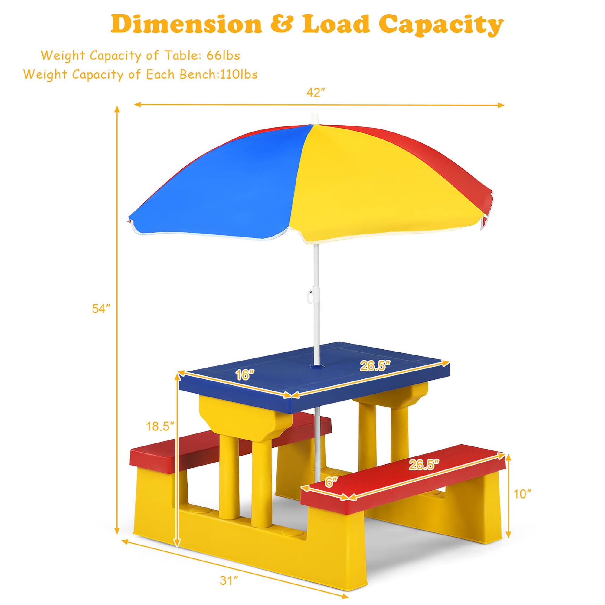 Dimension & Load Capacity

Weight Capacity of Table: 66lbs  
Weight Capacity of Each Bench: 110lbs  

42"  
54"  
16"  
26.5"  
18.5"  
6"  
26.5"  
10"  
31"