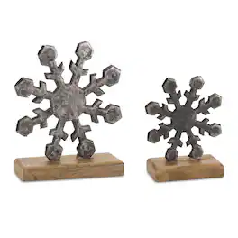 BreeBe - Metal Snowflake on Wood Base (Set of 6) - Silver, Brown