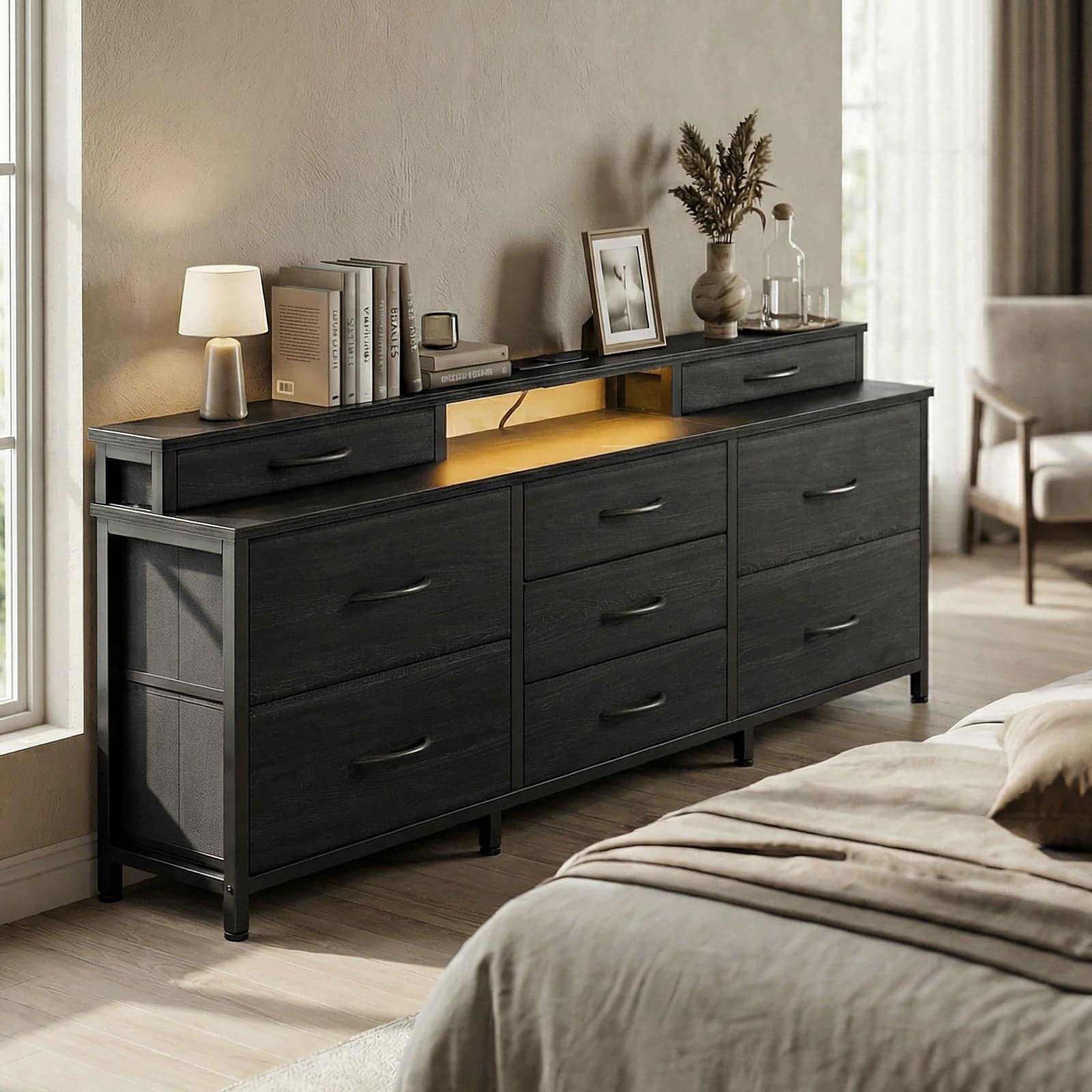 Furologee - Modern Dressers for Bedroom Wide Chest with 9 Fabric Drawers for Living Room - Black