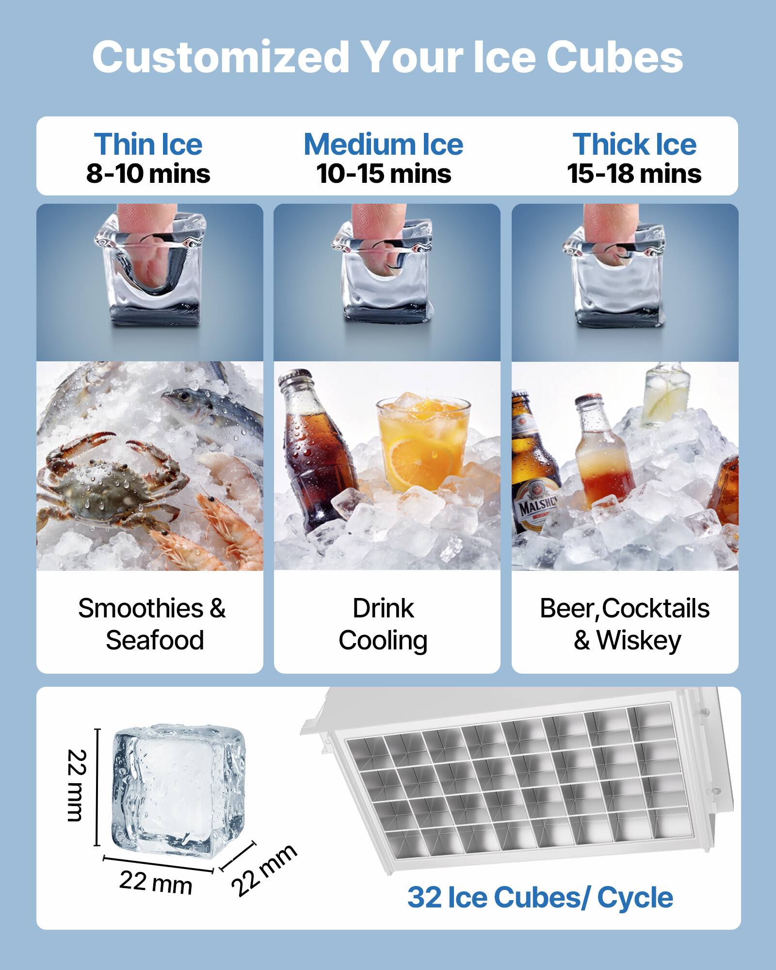 Customized Your Ice Cubes

Thin Ice  
8-10 mins

Medium Ice  
10-15 mins

Thick Ice  
15-18 mins

Smoothies & Seafood  
Drink Cooling  
Beer, Cocktails & Whiskey

22 mm x 22 mm x 22 mm

32 Ice Cubes/ Cycle