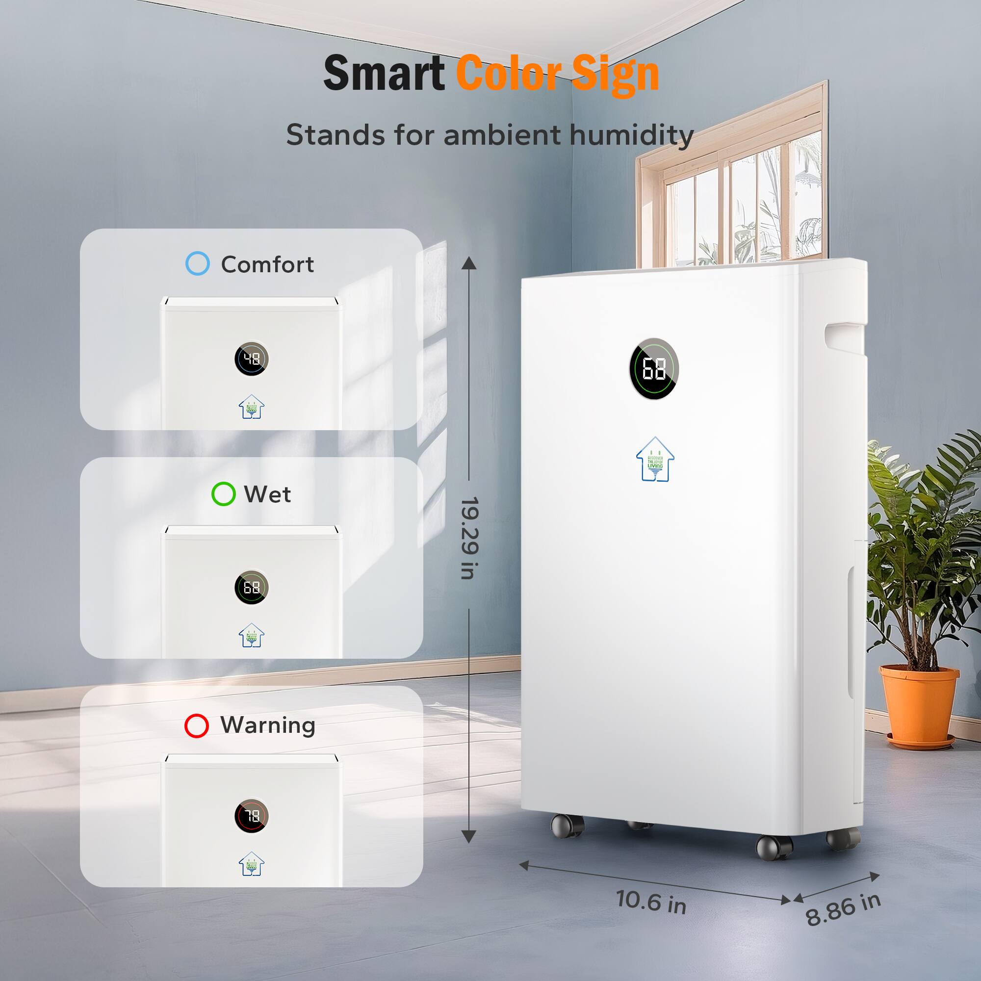 Smart Color Sign  
Stands for ambient humidity

Comfort  
68

Wet  
68

Warning  
78

10.6 in  
8.86 in  
19.29 in