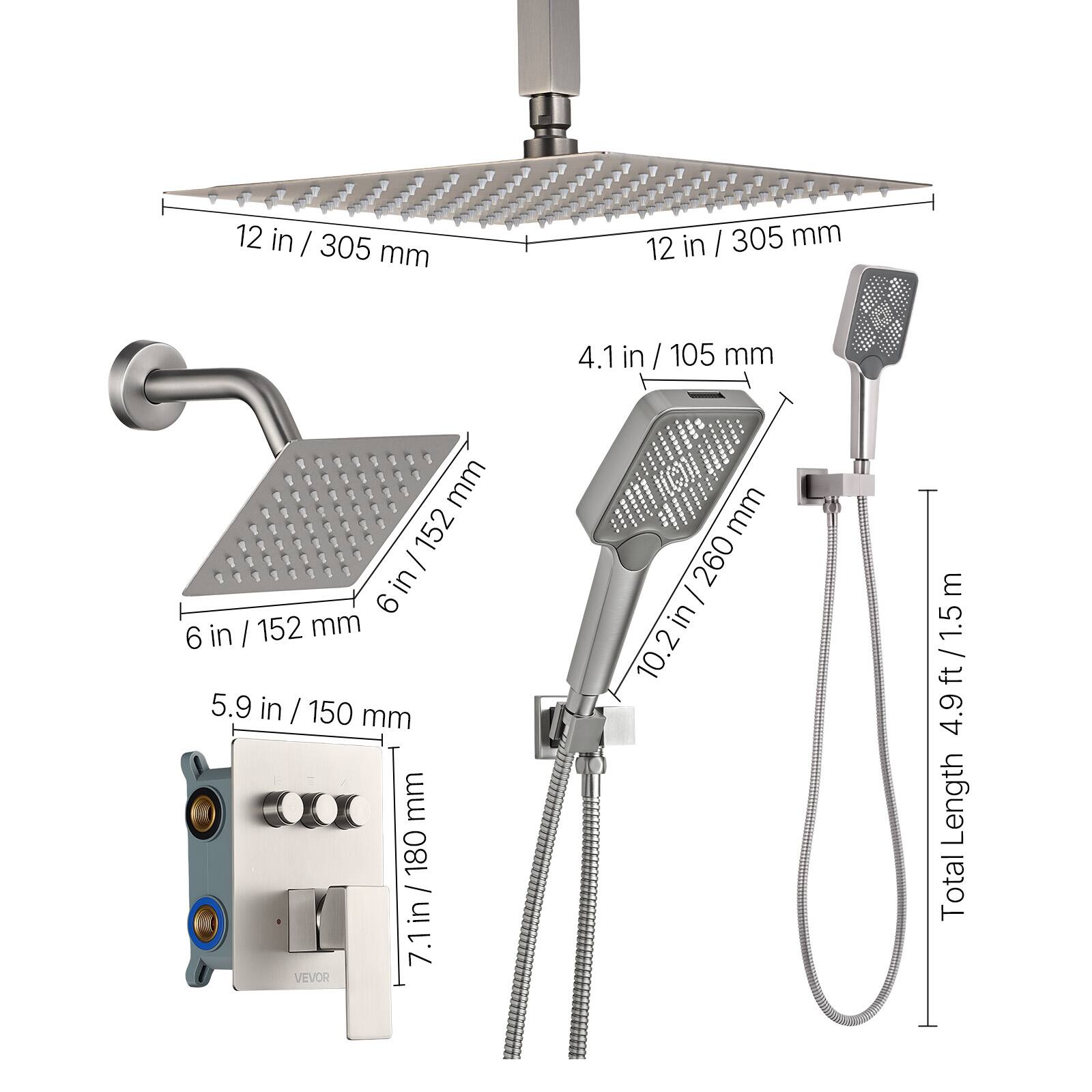 - 12 in / 305 mm
- 6 in / 152 mm
- 4.1 in / 105 mm
- 5.9 in / 150 mm
- 7.1 in / 180 mm
- 10.2 in / 260 mm
- Total Length: 4.9 ft / 1.5 m