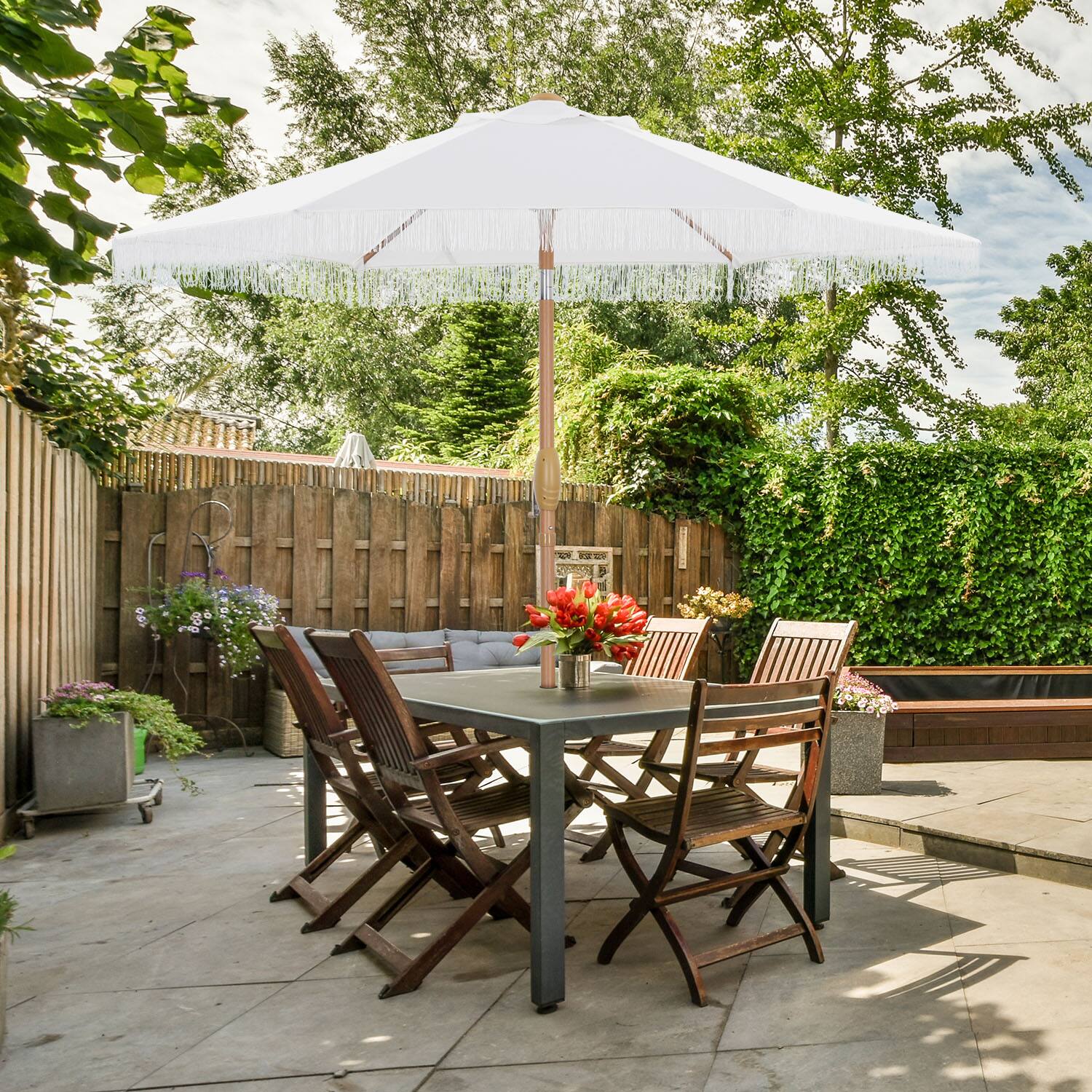 Left. Ainfox - Ainfox 7.5ft Patio Umbrella with Fringe for Event Outdoor Garden Yard Deck Wedding Themed Restaurant Cafe Bistro Set - Beige.