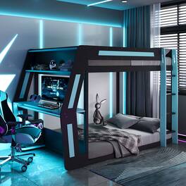 Whisen - Full Size Gaming Bunk Bed with RGB Desk,USB Ports and Cable Management - Blue