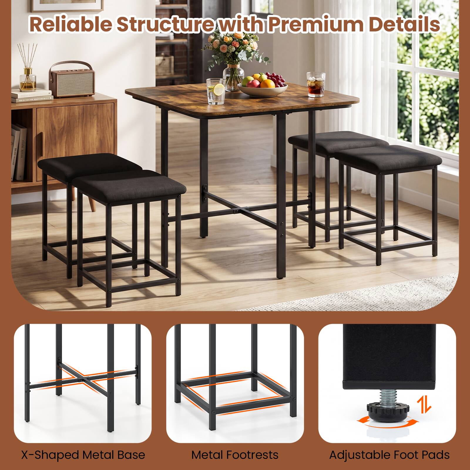 Reliable Structure with Premium Details

X-Shaped Metal Base

Metal Footrests

Adjustable Foot Pads