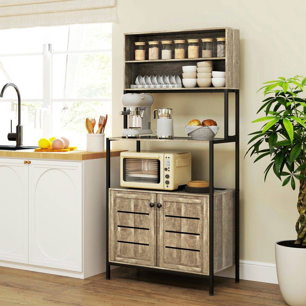 Front. Kadyn - Baker's Rack with Power Outlet, Open Shelves & Microwave Cabinet, Gray - Gray.