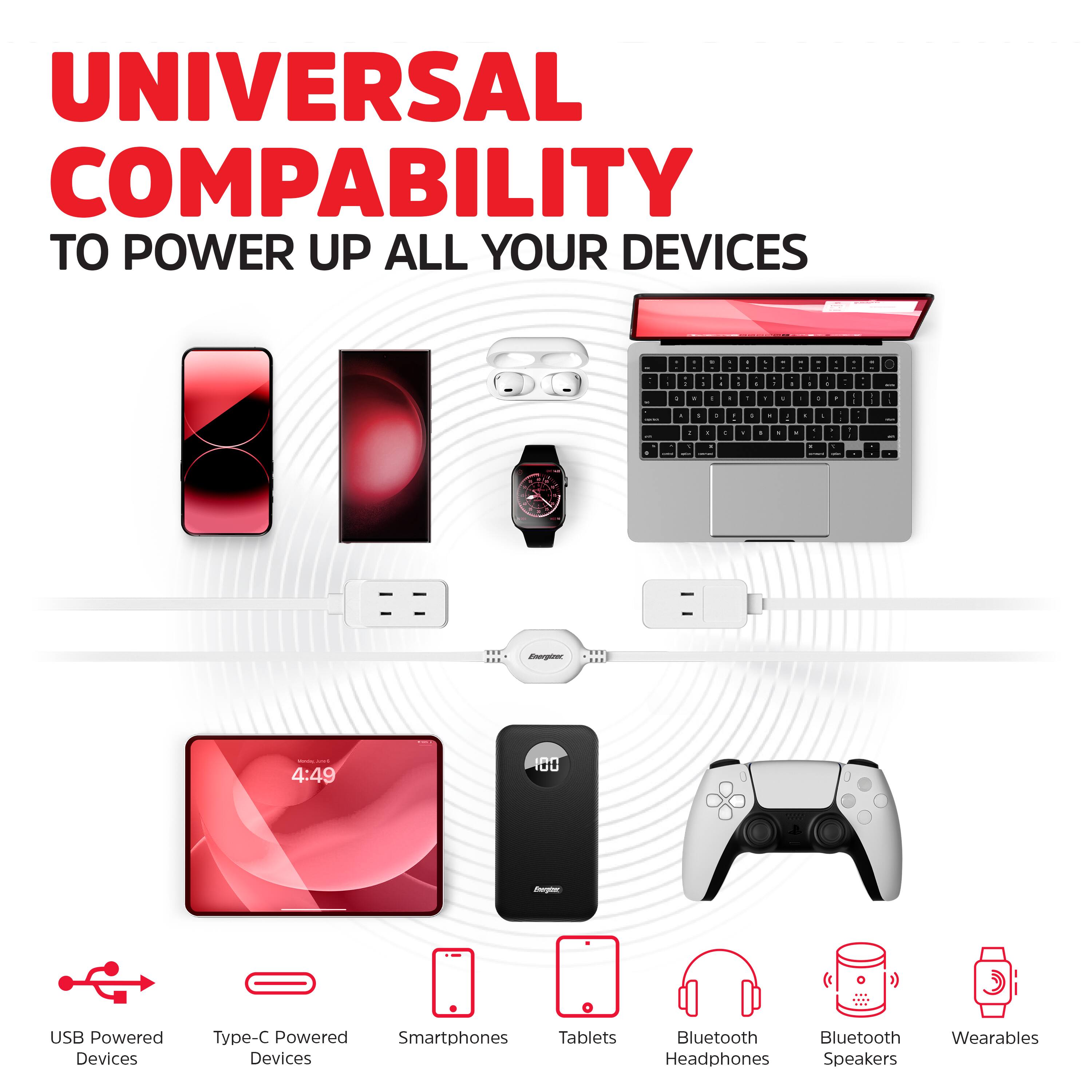 UNIVERSAL COMPATIBILITY  
TO POWER UP ALL YOUR DEVICES

- USB Powered Devices
- Type-C Powered Devices
- Smartphones
- Tablets
- Bluetooth Headphones
- Bluetooth Speakers
- Wearables