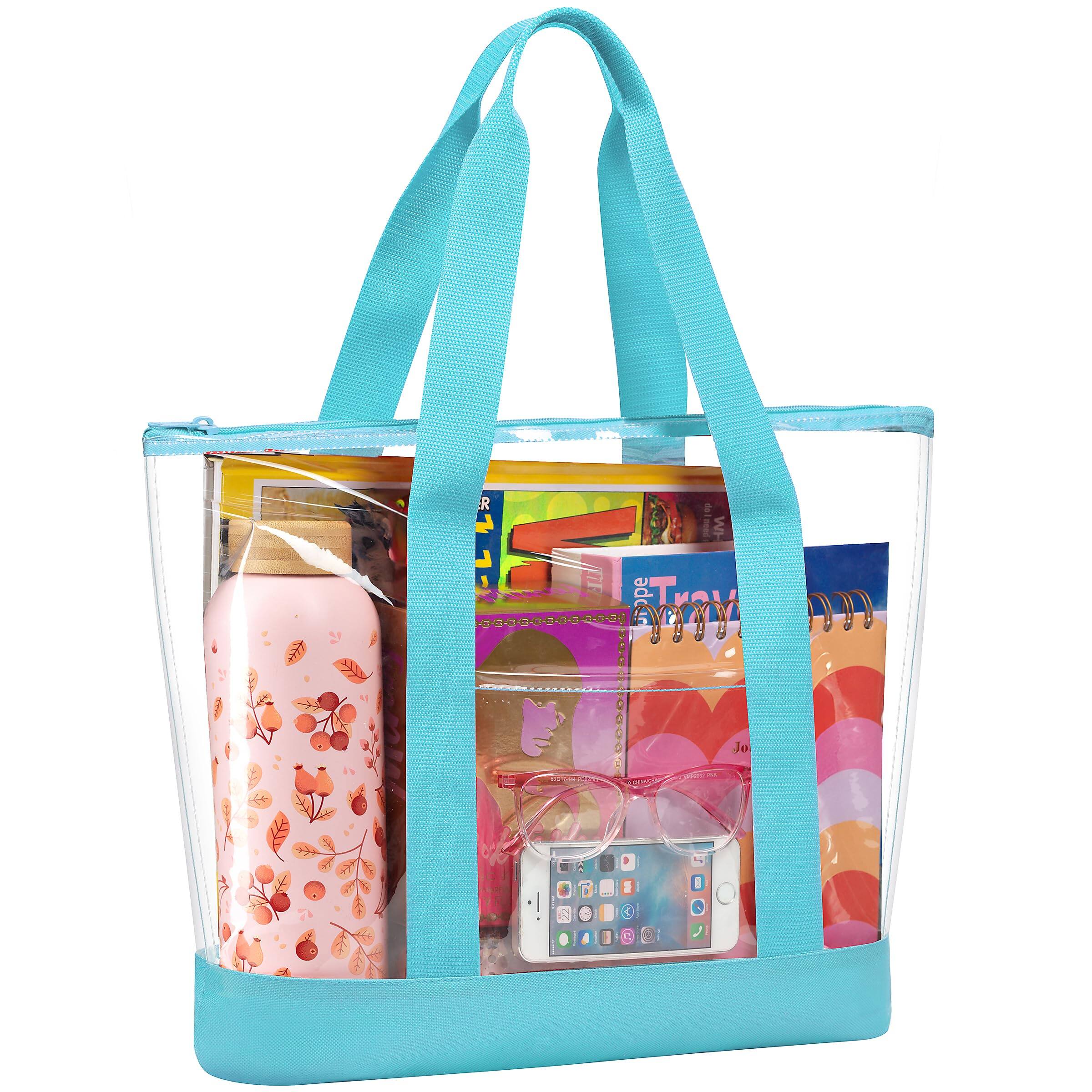 DORLUKFU - Clear Tote Bag - Zipper Closure, Long Shoulder Strap, Fabric Trimming. | Zipper Closure, Long Shoulder Strap, Fabric - Teal