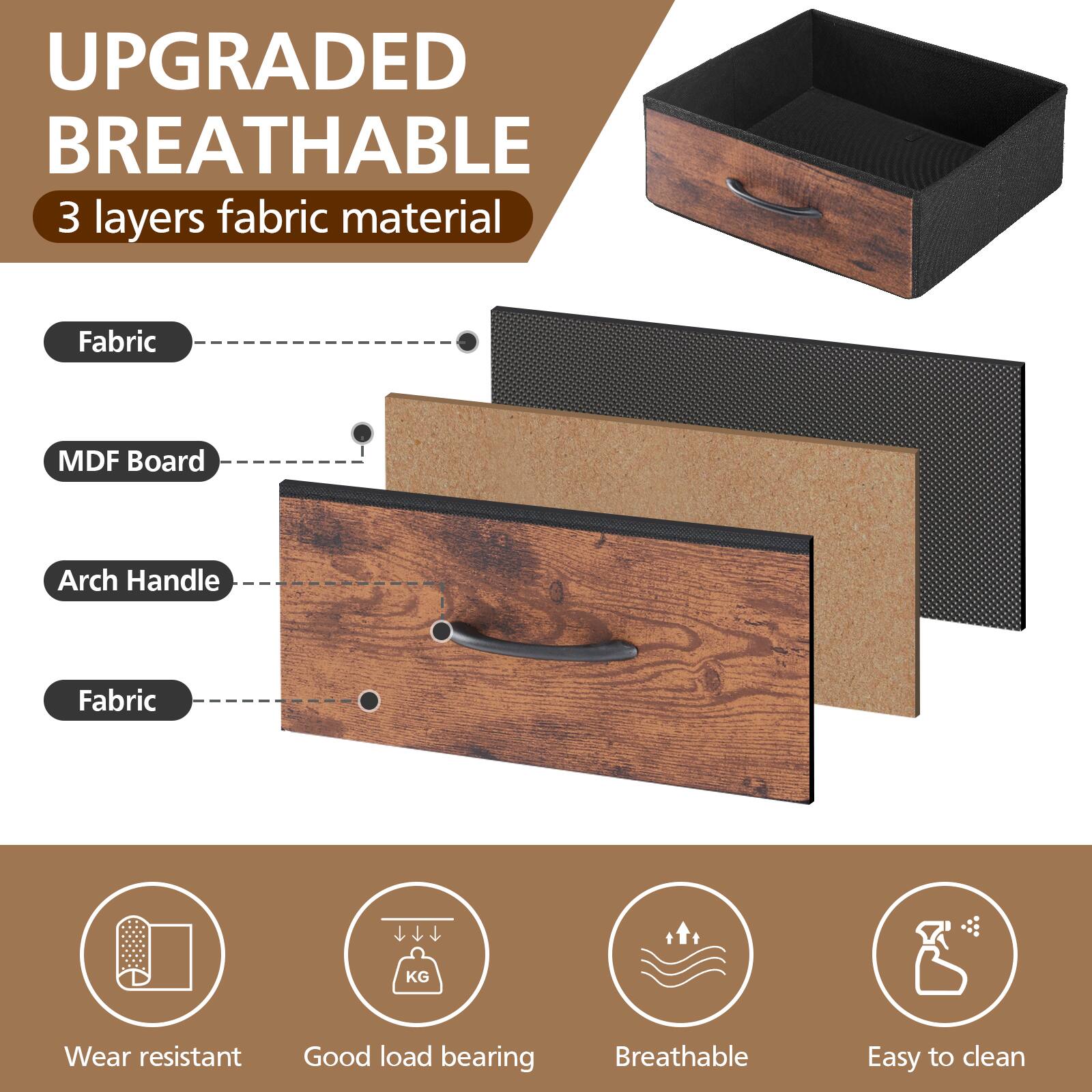 UPGRADED BREATHABLE  
3 layers fabric material  

Fabric  
MDF Board  
Arch Handle  
Fabric  

Wear resistant  
Good load bearing  
Breathable  
Easy to clean