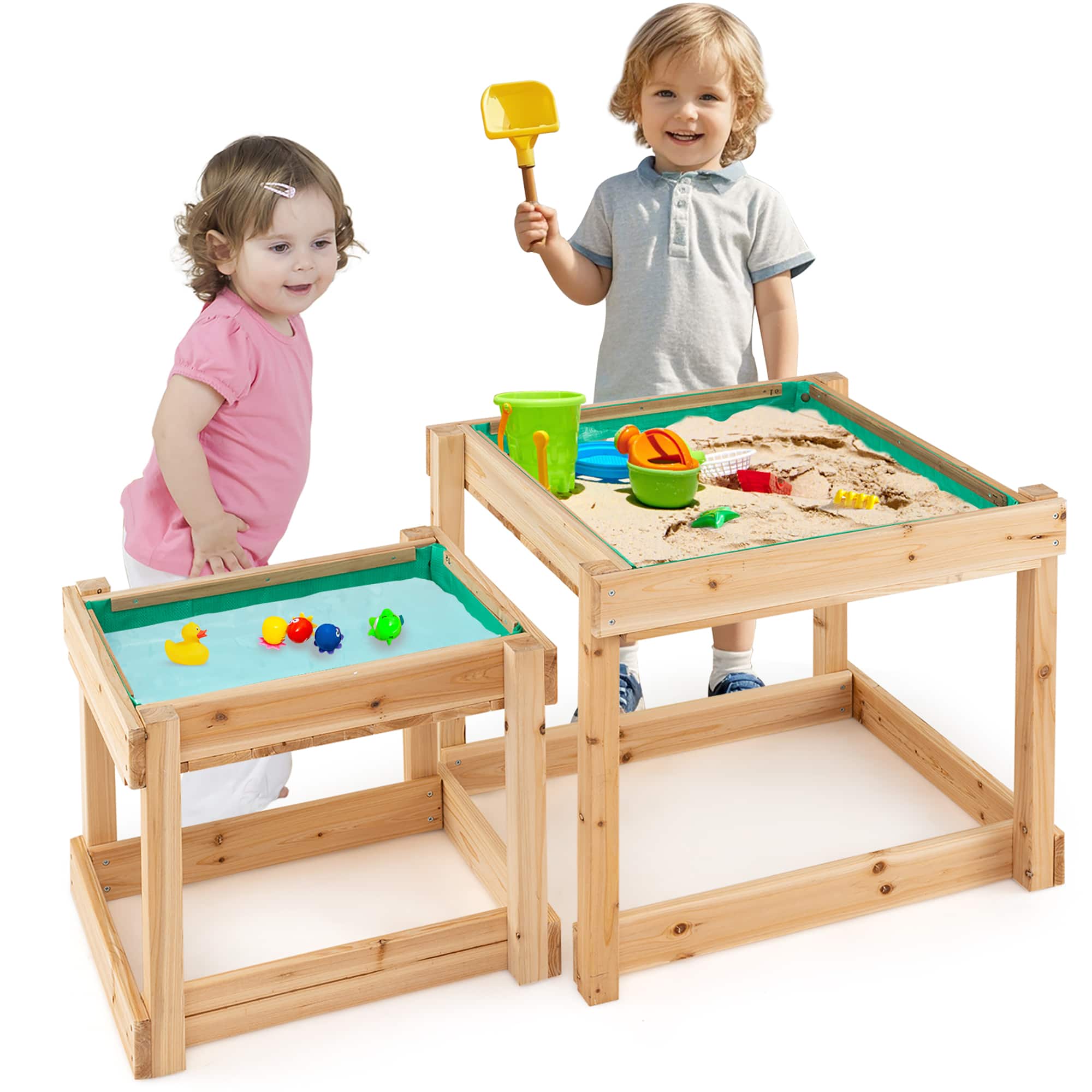 Gymax - Wooden Sand & Water Tables Outdoor Sensory Tables w/ Protective Cover - Natural
