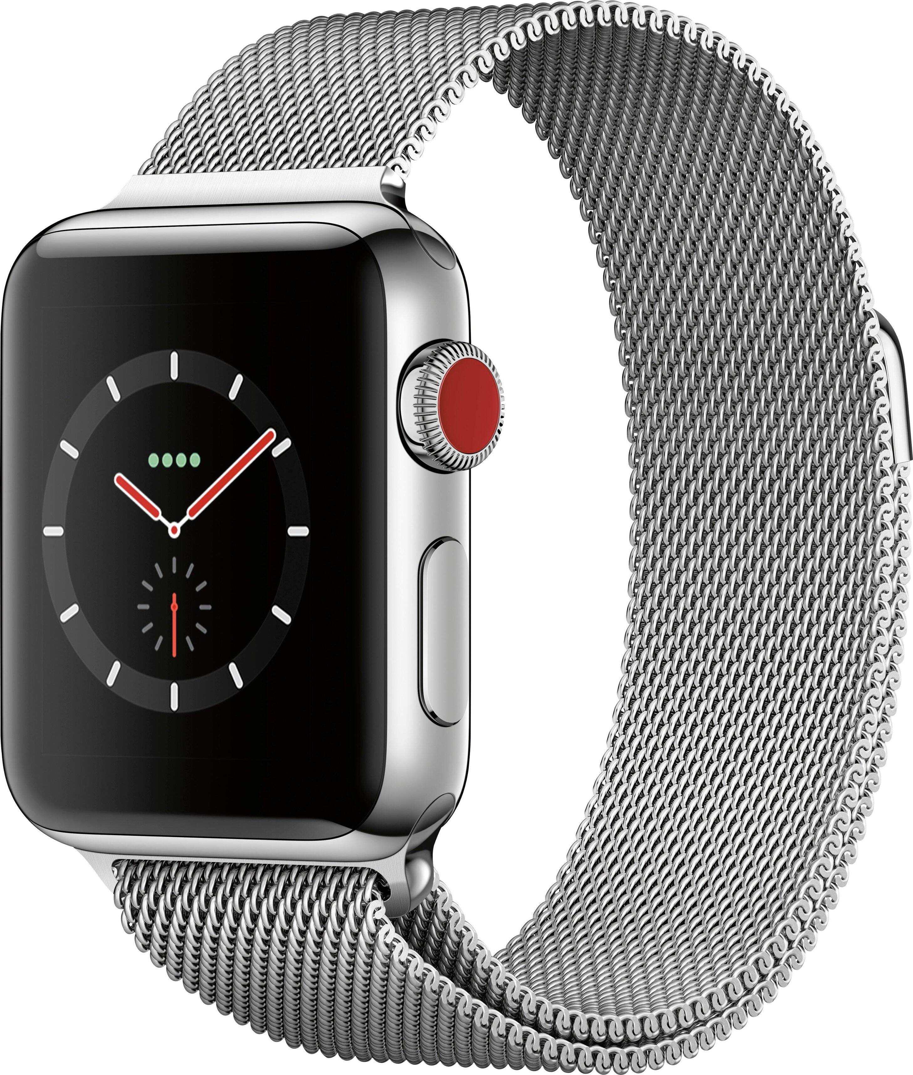 Angle. Apple - Geek Squad Certified Refurbished Apple Watch Series 3 (GPS + Cellular), 38mm Stainless Steel Case with Milanese Loop - Stainless Steel.