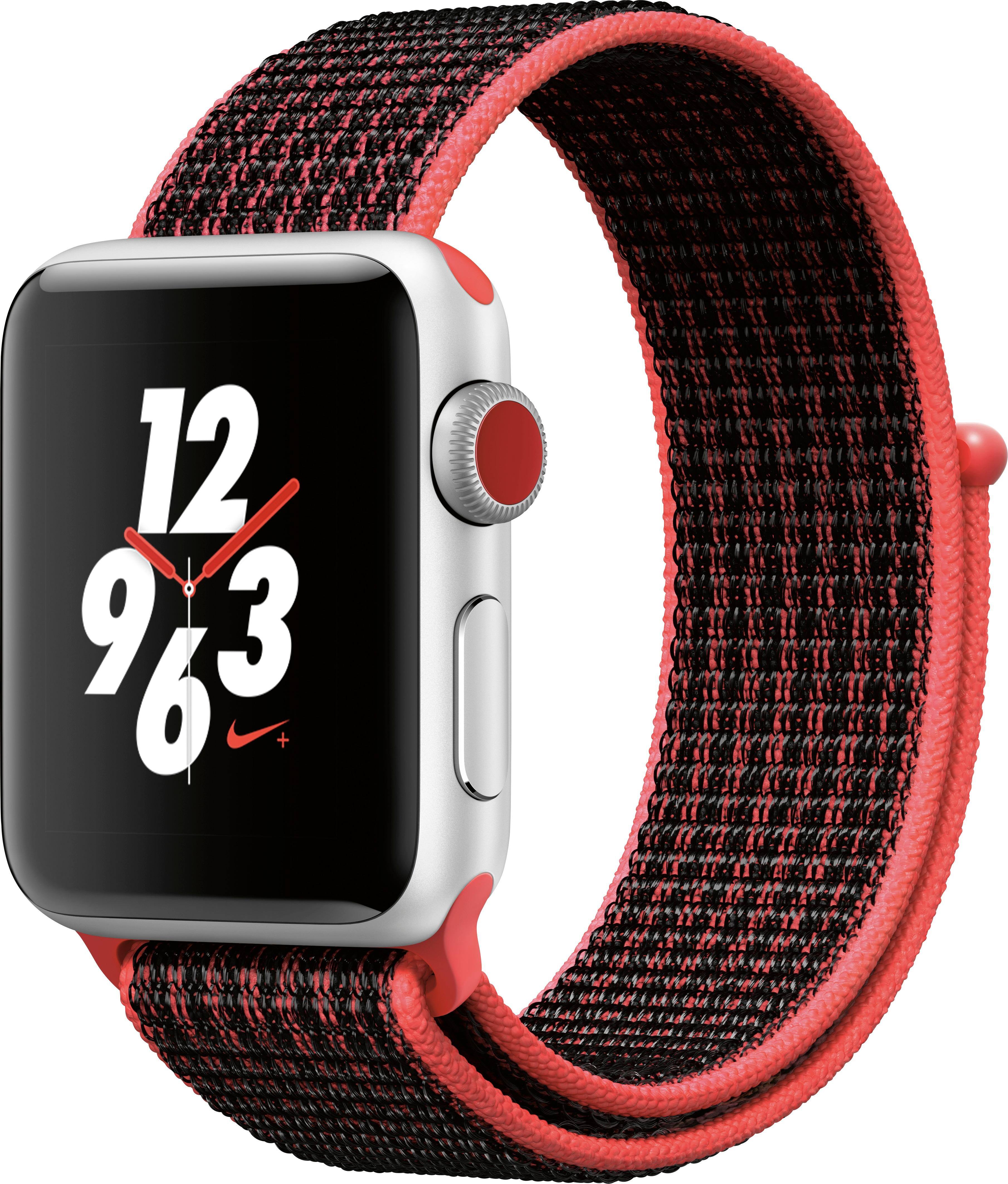 Angle. Apple - Geek Squad Certified Refurbished Apple Watch Nike+ Series 3 (GPS + Cellular), 38mm Silver Aluminum Case with Bright Crimson/Black Nike Sport Loop - Silver Aluminum.