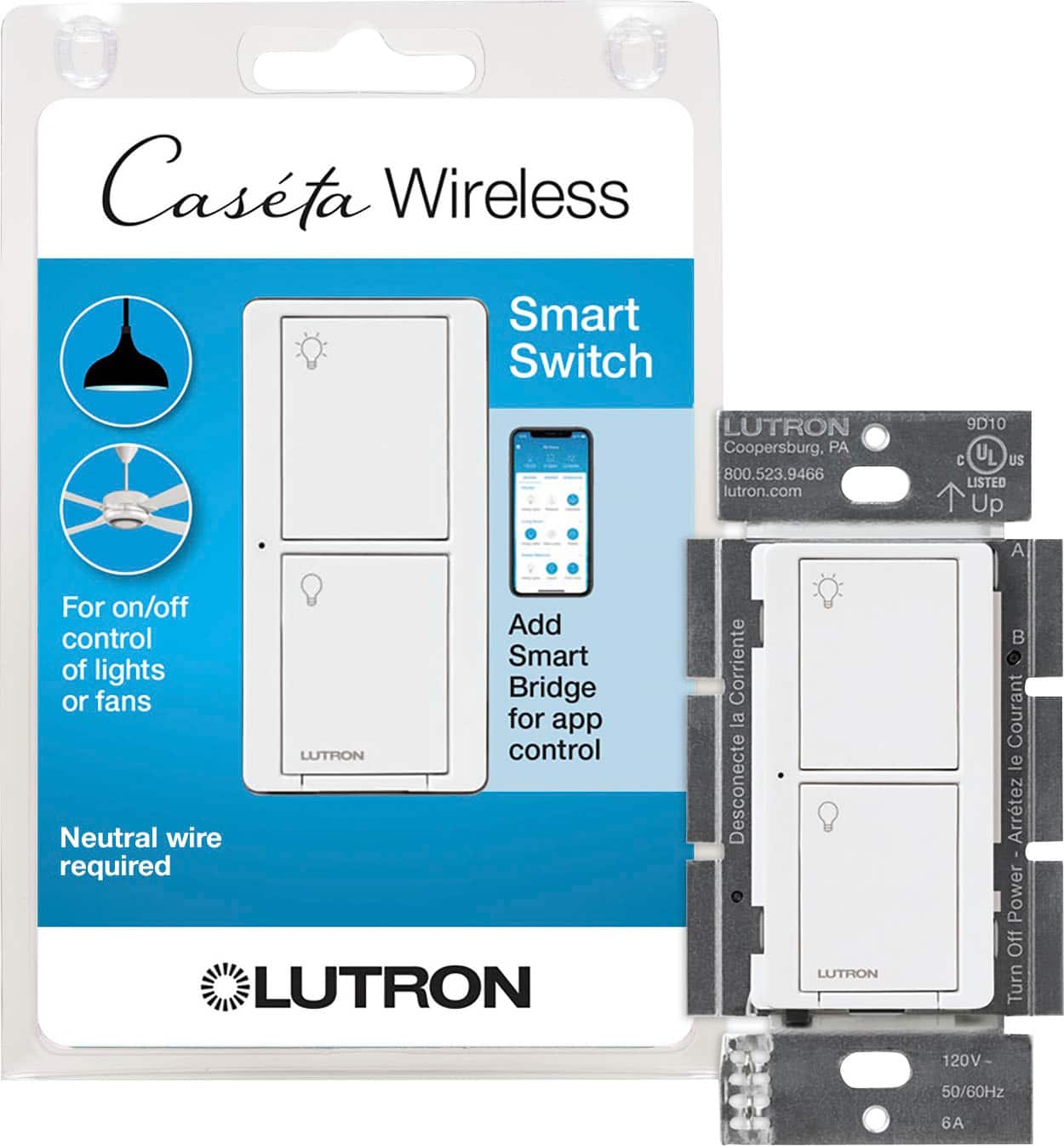 Front. Lutron - Caseta Wireless Smart Lighting Switch for All Bulb Types or Fans, 6A - White.