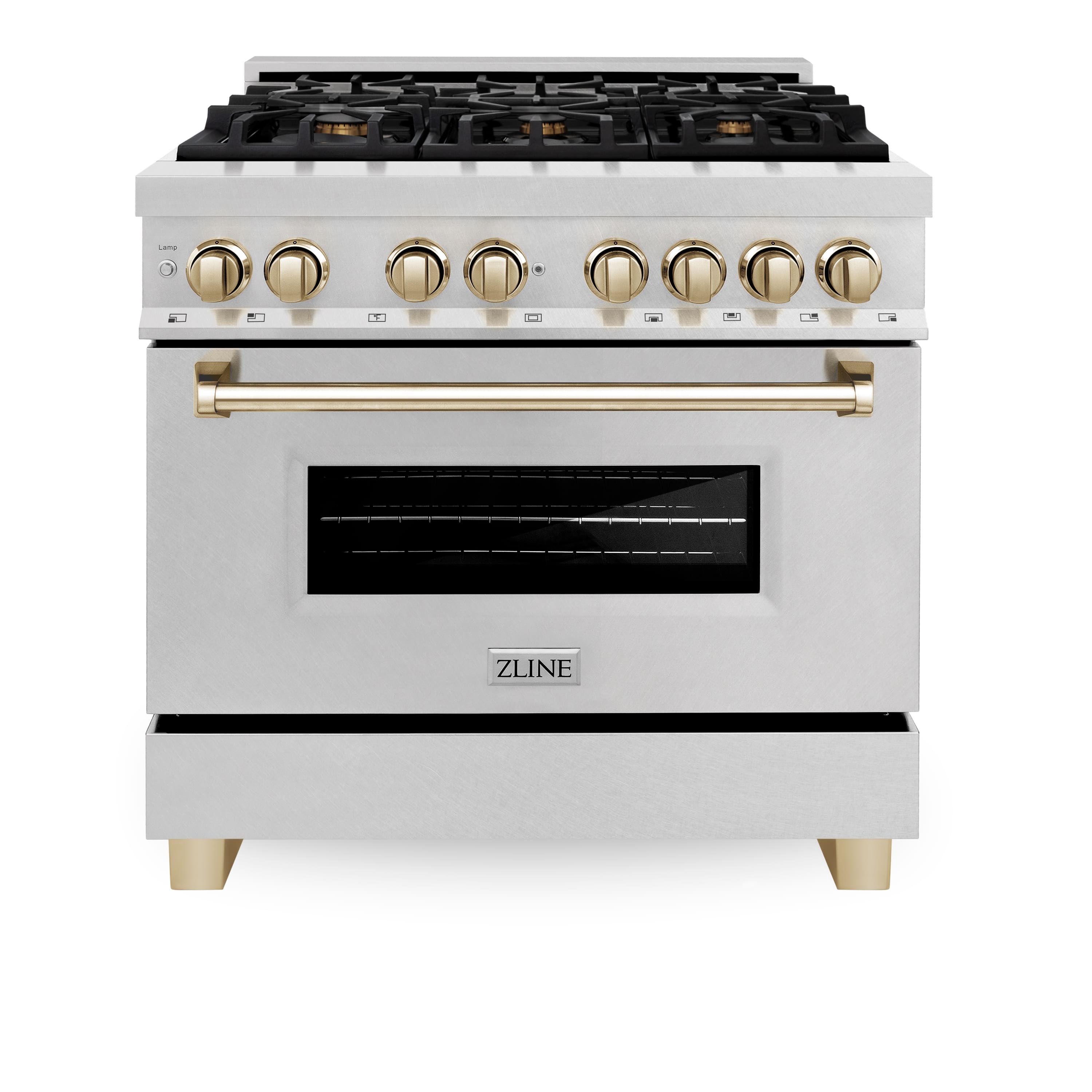 ZLINE - Autograph 36 in. Legacy Dual Fuel Range in Satin Steel & Gold Accents (RASZ-SN-36-G) - Stainless Steel - Front_Zoom