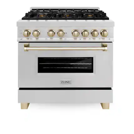 Front. ZLINE - ZLINE Autograph 36 in. Legacy Dual Fuel Range in Satin Steel & Gold Accents (RASZ-SN-36-G) - Stainless steel.