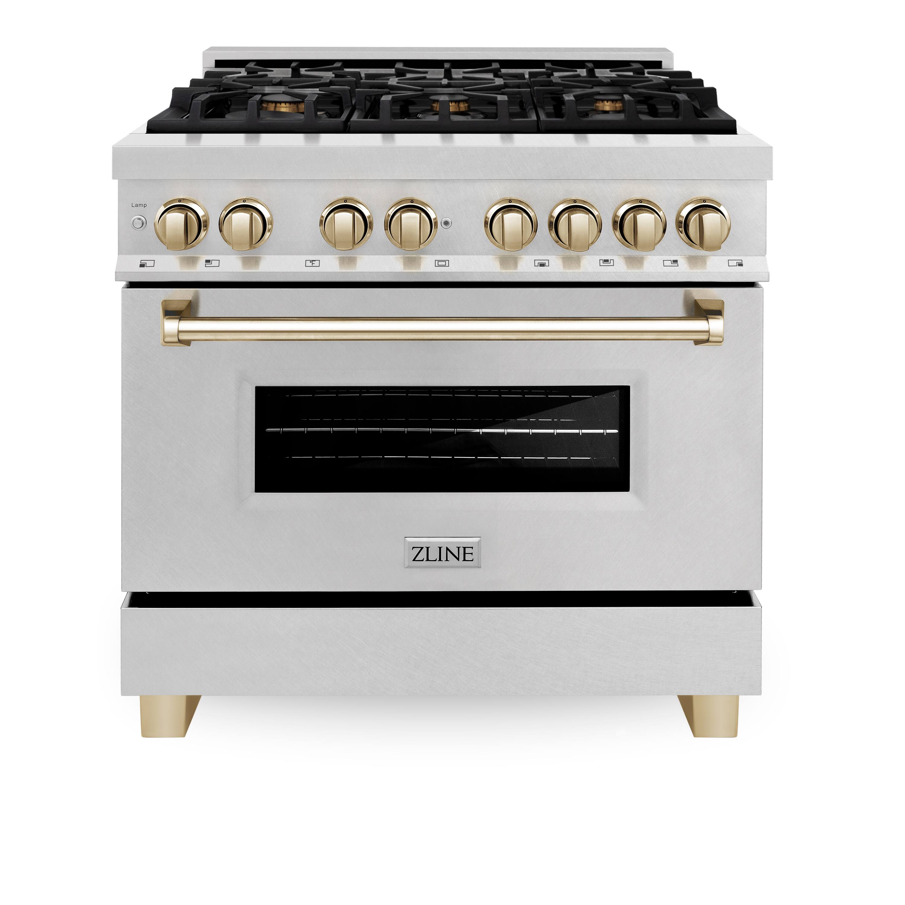 ZLINE - Autograph 36 in. Legacy Dual Fuel Range in Satin Steel & Gold Accents (RASZ-SN-36-G) - Stainless Steel