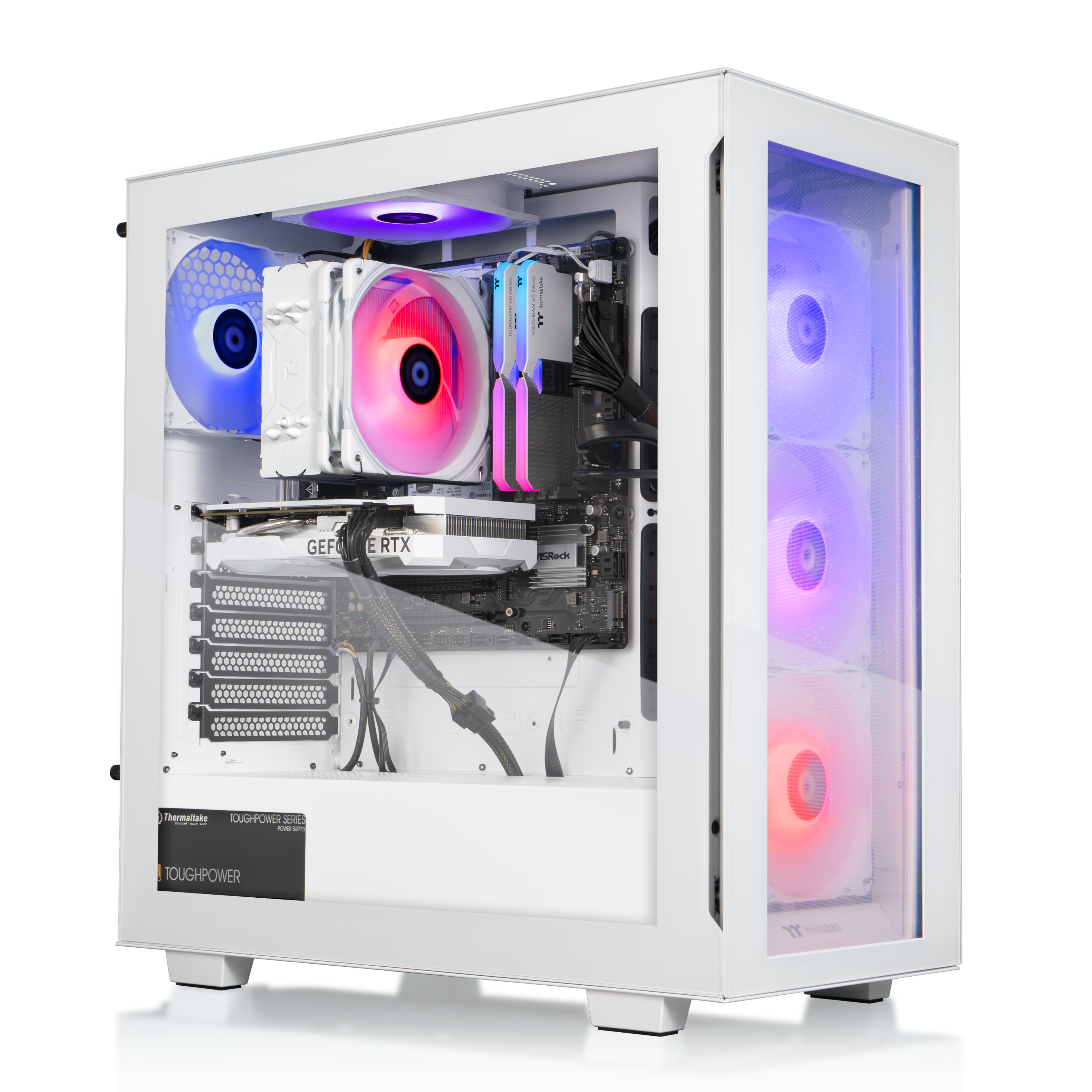 The text on the image reads "GEF E RTX BRack 0 - hermalite TOUGHPOWER n TOUGHPOWER m." This text is likely related to the computer hardware, specifically the graphics card, which is a part of the computer system.