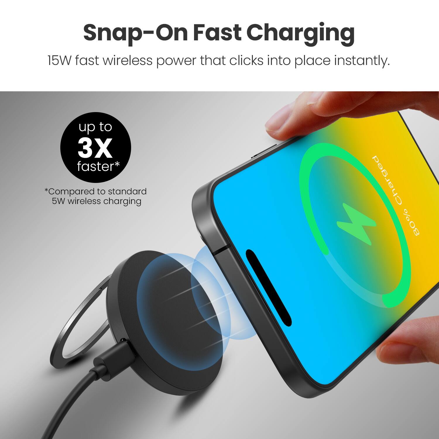Snap-On Fast Charging  
15W fast wireless power that clicks into place instantly.  

up to 3X faster*  
*Compared to standard 5W wireless charging