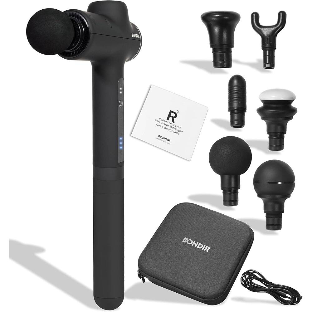 Sure, here is the corrected and grouped text from the image:

**Product Name:**
- BONDIR

**Text on the Card:**
- R2
- Professional Massage Quick Start Guide
- BONDIR.COM

**Text on the Device:**
- BONDIR

**Additional Text:**
- (No additional text visible on the device or accessories)