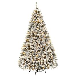 WELLFOR - 9 ft Artificial Christmas Tree, Snow‑Flocked Hinged Xmas Tree with 1498 PVC Branch Tips,550 Warm‑White LED Lights - White & Green