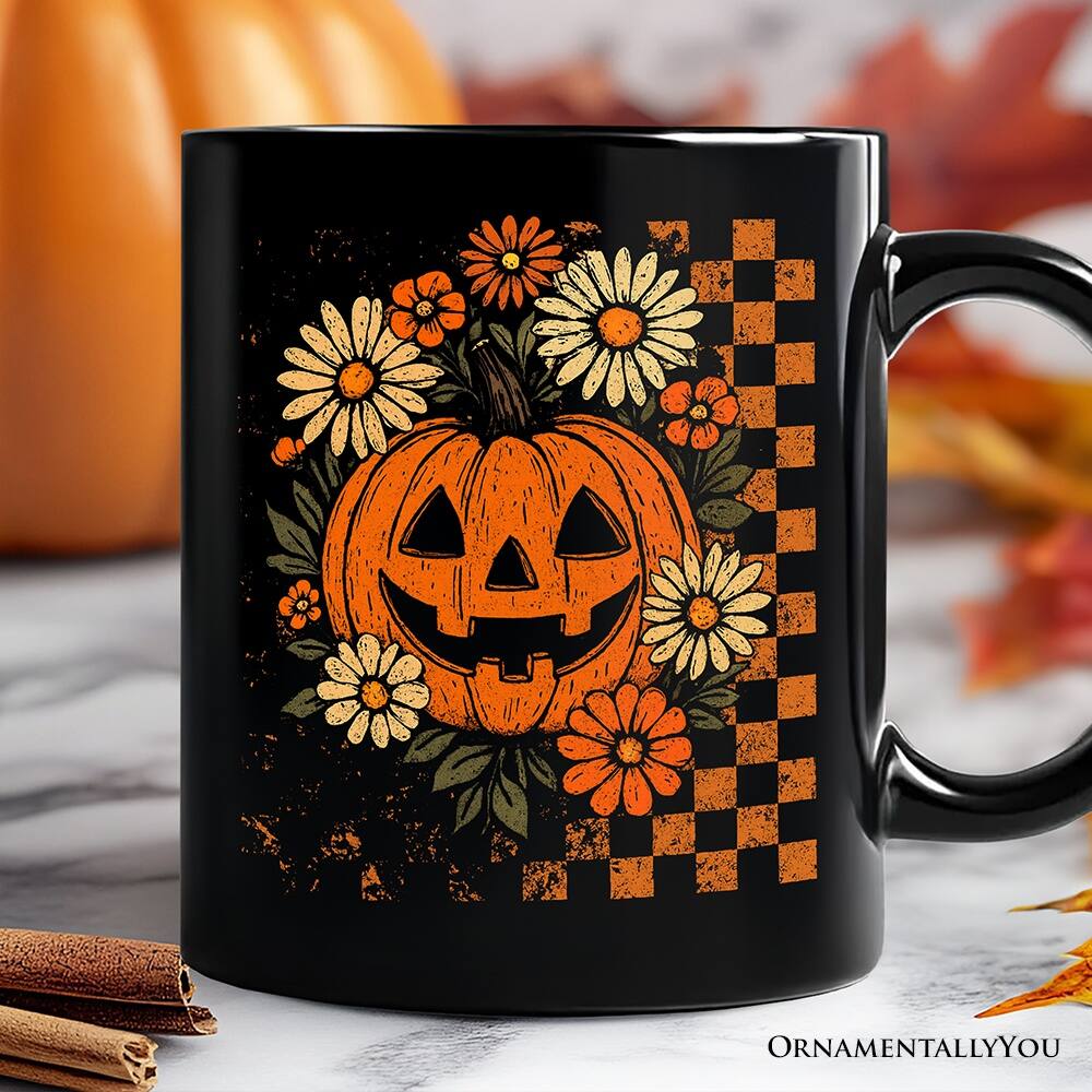 Back. OrnamentallyYou - Checkered Floral Pumpkin Mug, Retro Preppy Halloween Gift for Spooky Season Vibes - Black.