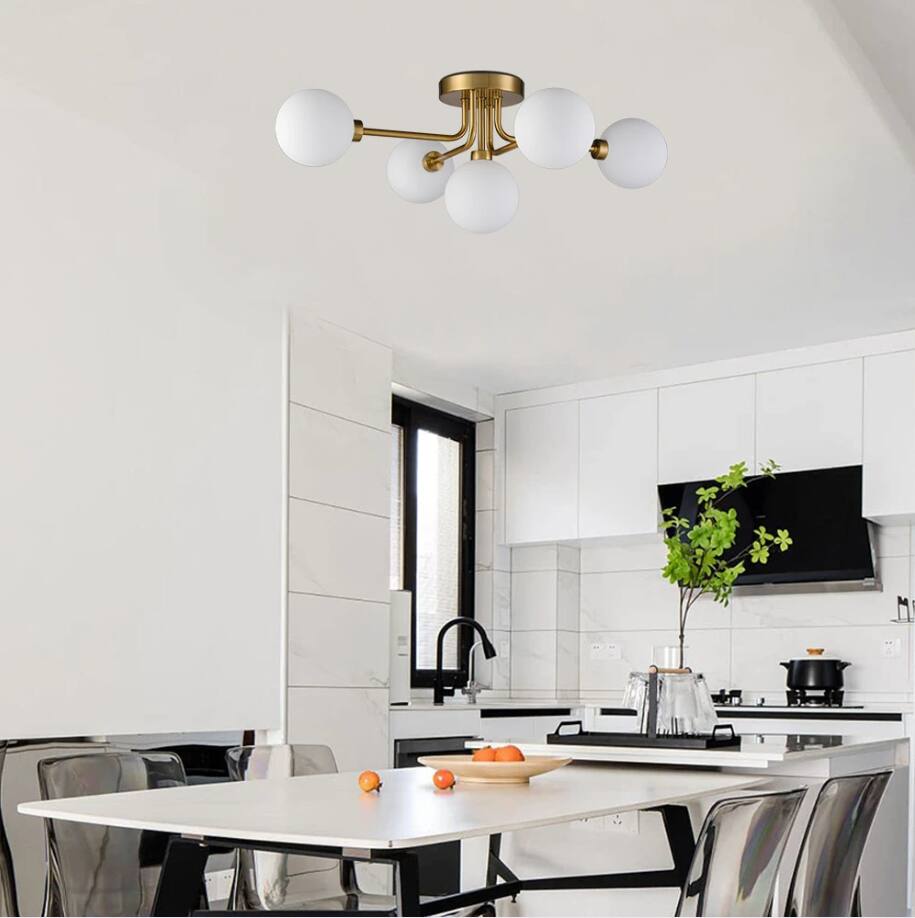 Alt View 3. MOOSE - Anacapri 5-Light Sputnik Semi-Flush Mount Ceiling Light with Opal Glass Globes - Gold.