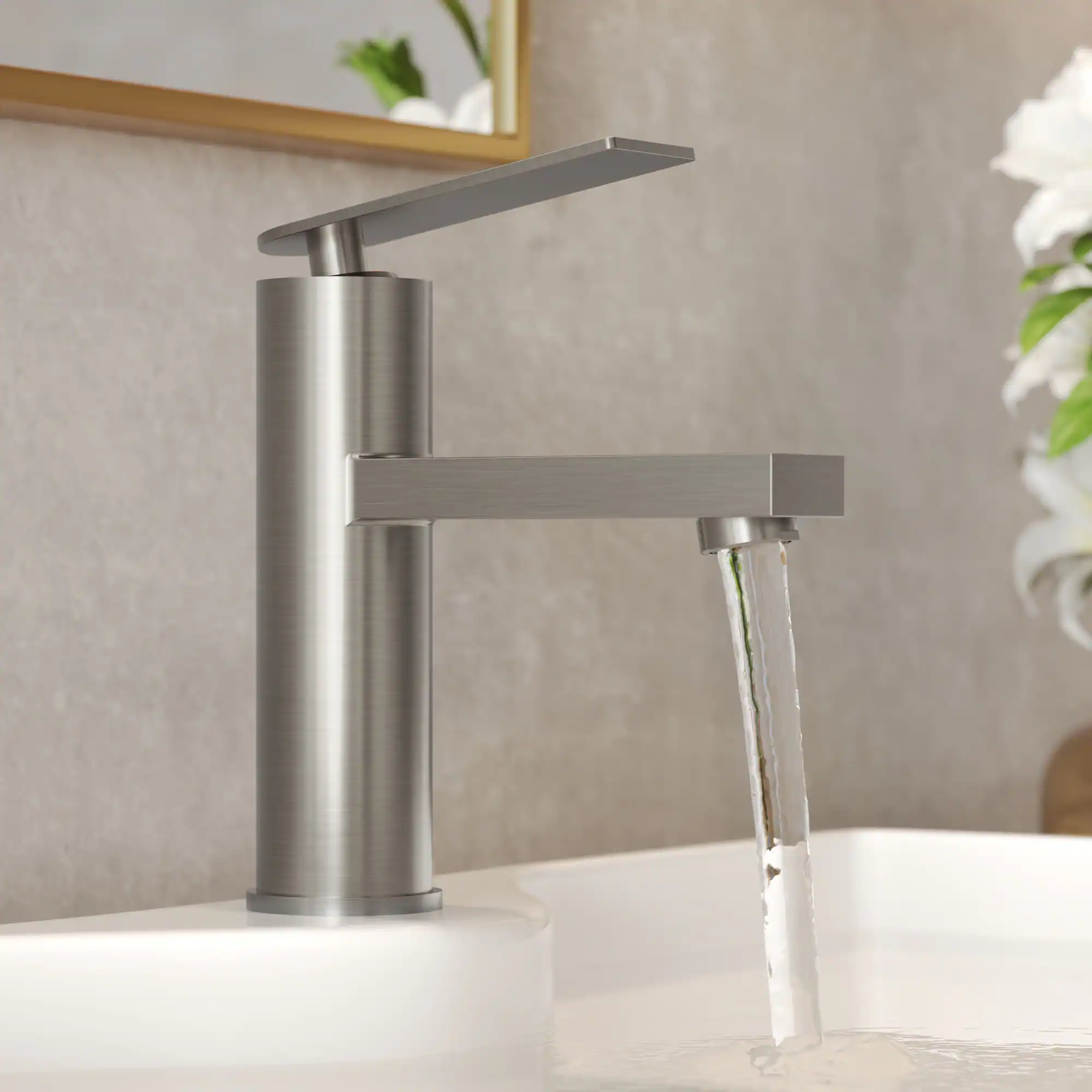 Left. GRANDJOY - Single Handle Low-Arc Vessel Sink Faucet, 3.6 in. Flat Spout Height with Pop-Up Drain - Brushed Nickel.