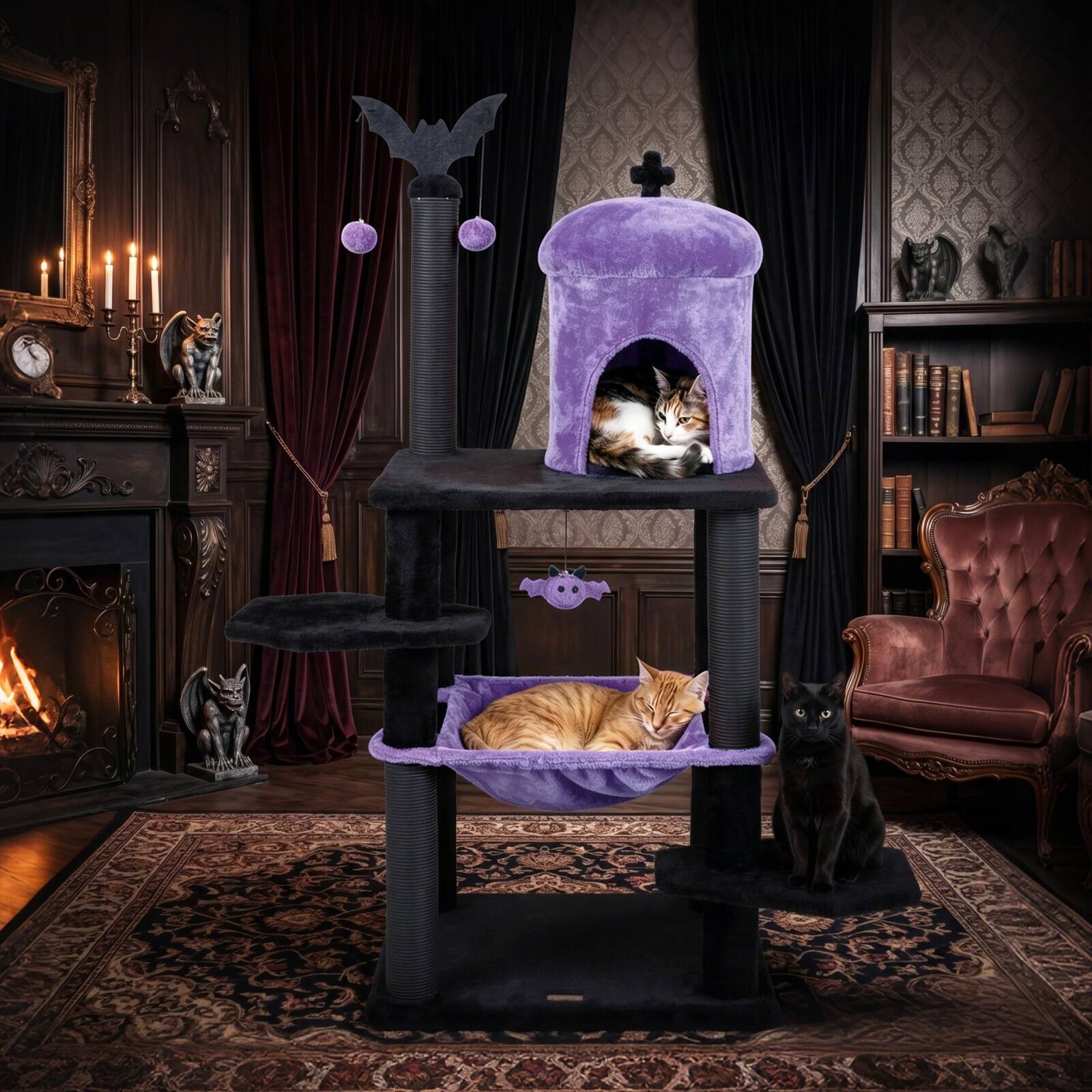 Alt View 3. Gymax - Gymax Gothic Cat Tree for Indoor Cats 51'' Spooky Cat Tower w/Castle House Hammock Purple & Black.