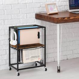Oumilen - Double-Tier Rolling File Cart with Metal Frame and Wood Shelves - Brown