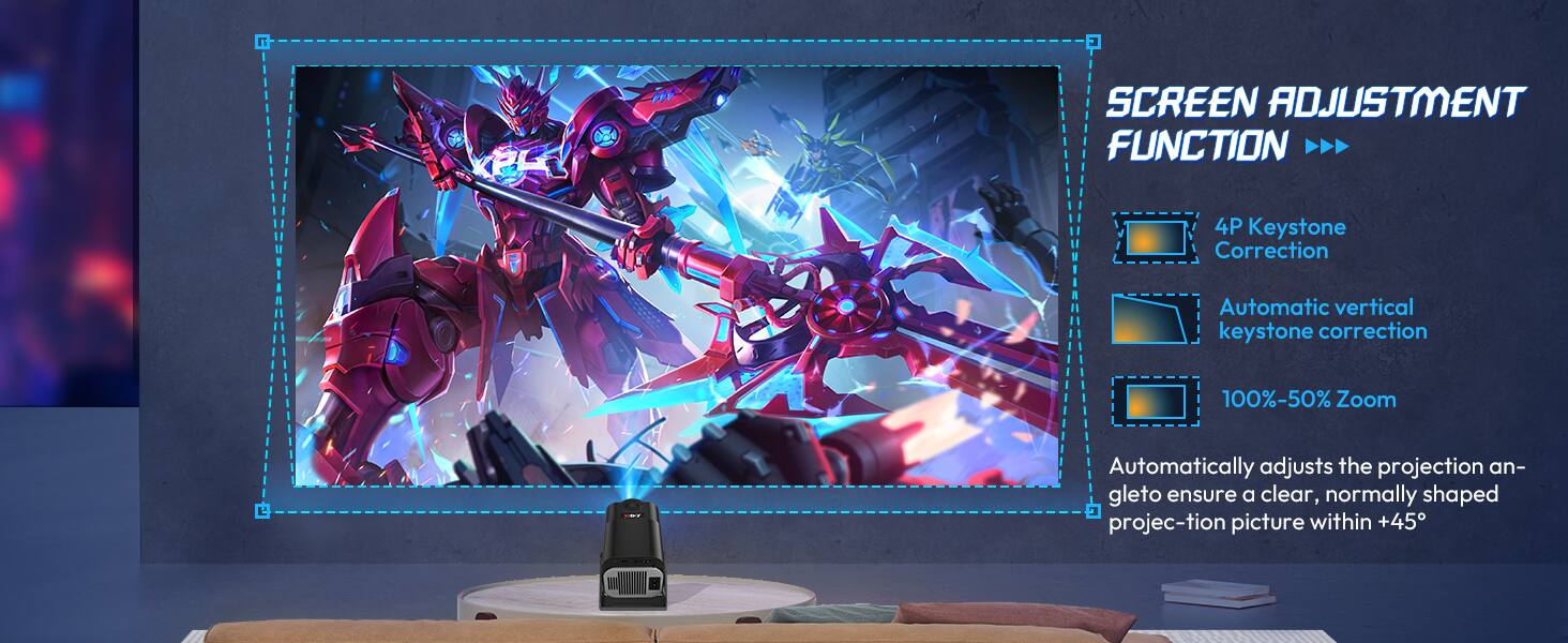 Sure, here is the corrected and grouped text:

---

**SCREEN ADJUSTMENT FUNCTION**

- **4P Keystone Correction**
- **Automatic vertical keystone correction**
- **100%-50% Zoom**

Automatically adjusts the projection angle to ensure a clear, normally shaped projection picture within +45°

---