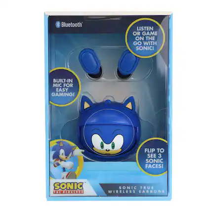 Bluetooth LISTEN OR GAME ON THE GO WITH SONIC! BUILT-IN MIC FOR EASY GAMING! FLIP TO SEE 3 SONIC FACES! SONIC THE HEDGEHOG SONIC TRUE WIRELESS EARBUDS