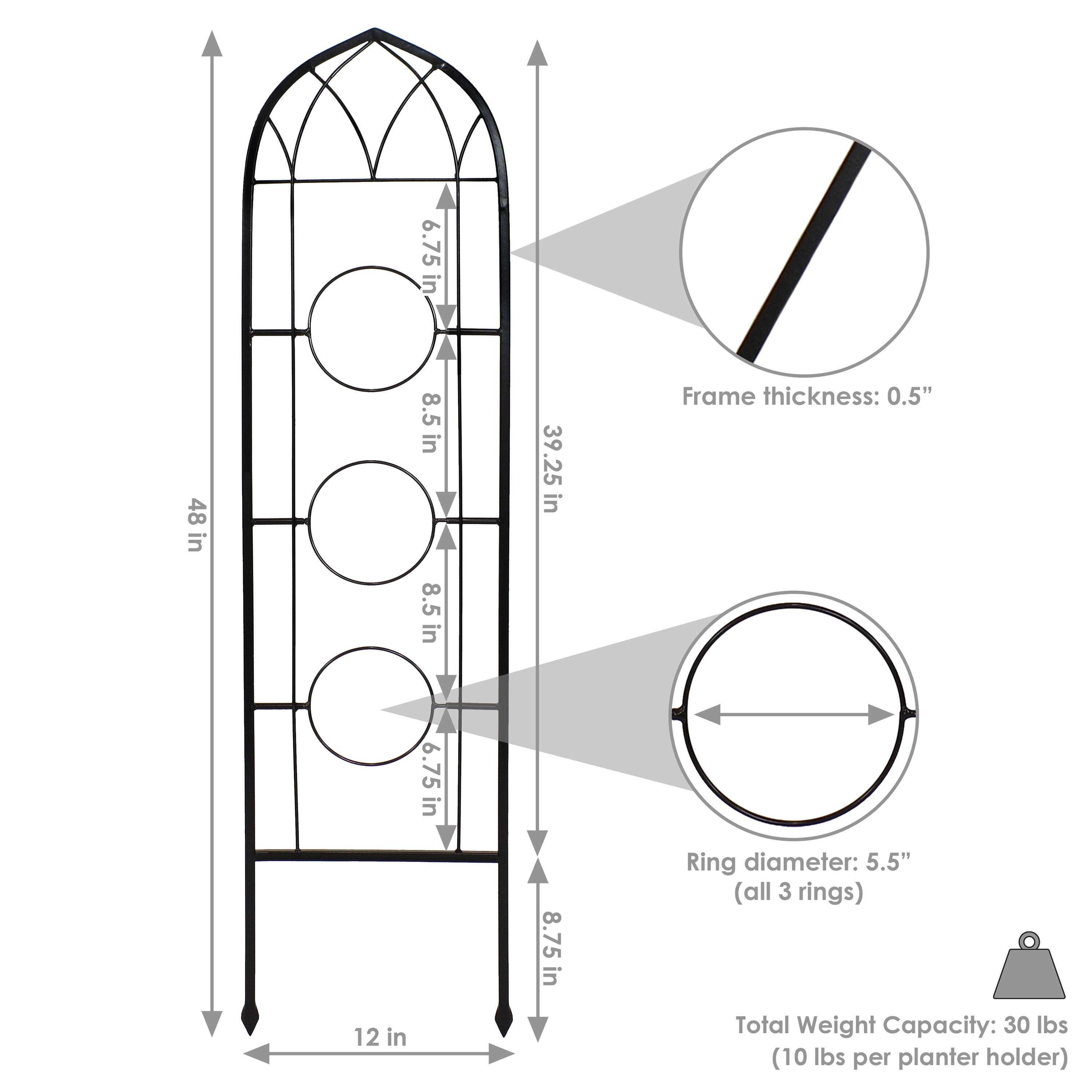 - Frame thickness: 0.5"
- Ring diameter: 5.5" (all 3 rings)
- Total Weight Capacity: 30 lbs (10 lbs per planter holder)
- Height: 48 in
- Width: 12 in
- Depth: 39.25 in
- Vertical spacing between rings: 6.75 in
- Horizontal spacing between rings: 8.5 in