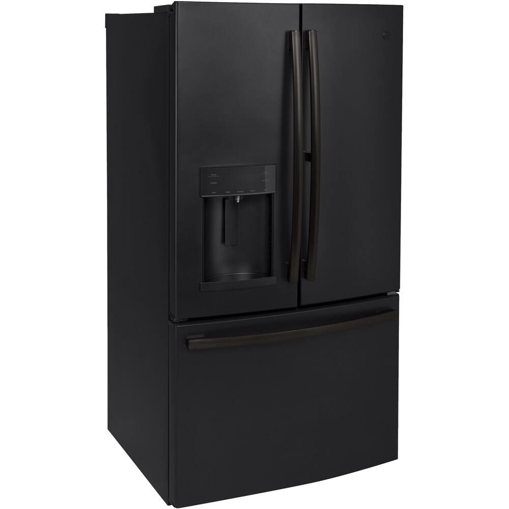 Left. GE - 27.7 Cu. Ft. French Door Refrigerator - Fingerprint resistant black slate.