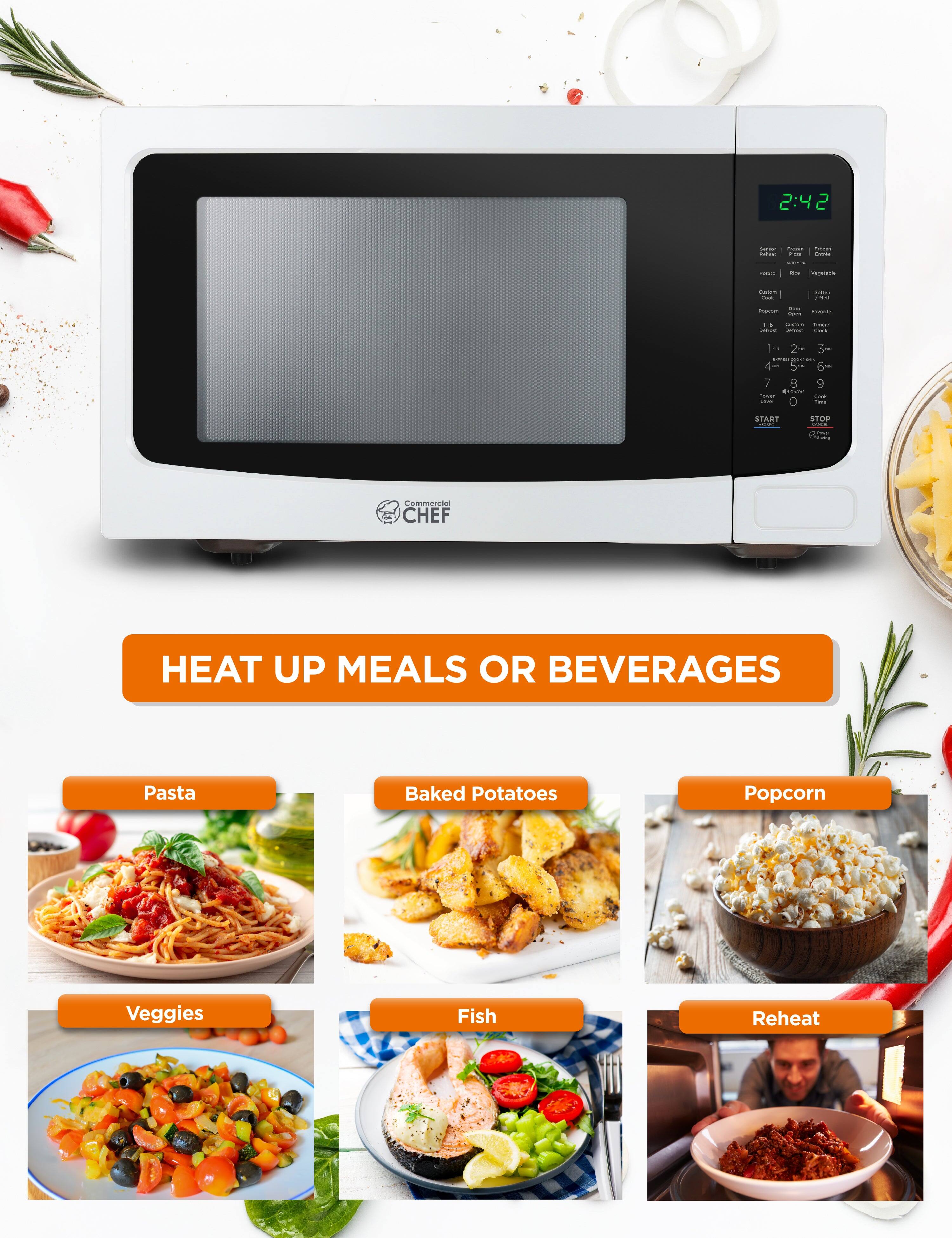 2:42 2 - I e i | - : - -. -  - - - - - - r - i - - : : - - | - ee 4 - - - 7 - -- 8 + - - - START : STOP : : Commencio CHEF HEAT UP MEALS OR BEVERAGES Pasta Baked Potatoes Popcorn Veggies Fish Reheat