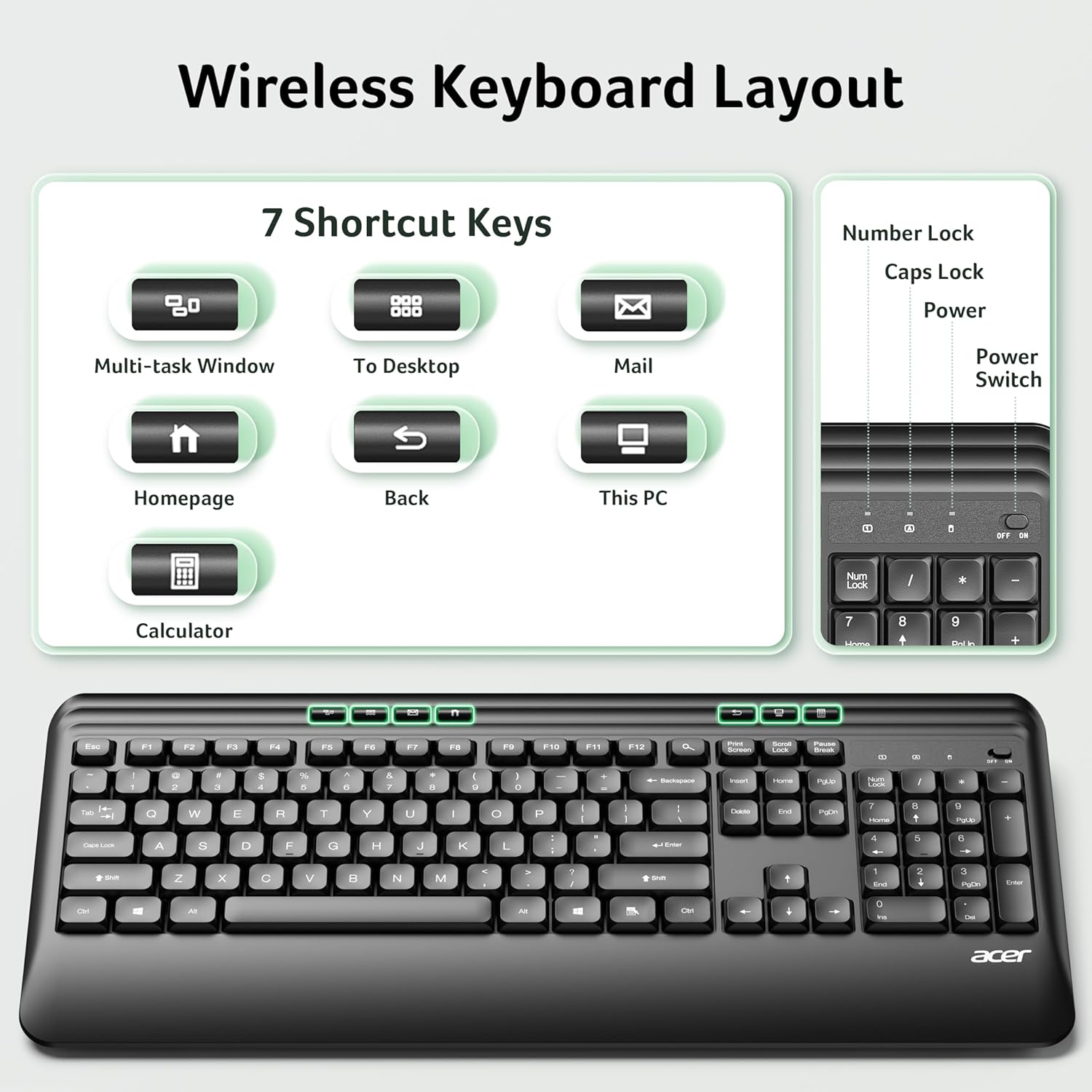 Wireless Keyboard Layout

7 Shortcut Keys
- Multi-task Window
- To Desktop
- Mail
- Homepage
- Back
- This PC
- Calculator

Number Lock
Caps Lock
Power
Power Switch

Num Lock
7 8 9
4 5 6
1 2 3
0