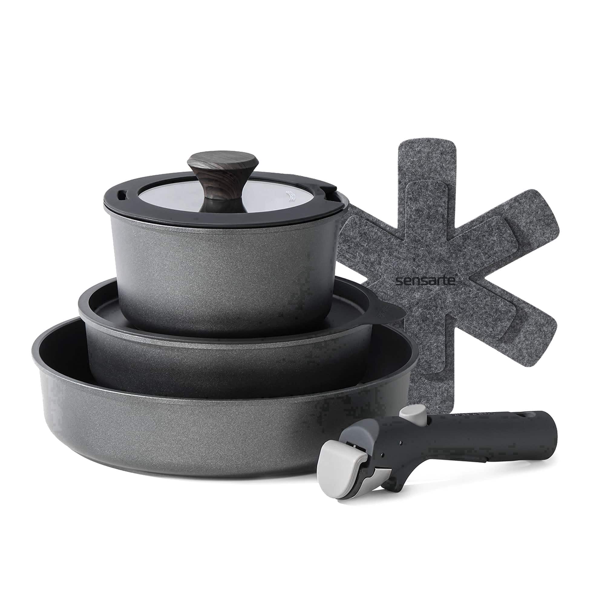 SENSARTE - 8-Piece Nonstick Pots and Pans Set with Detachable Handle, Induction Compatible, Dishwasher/Oven Safe - Black