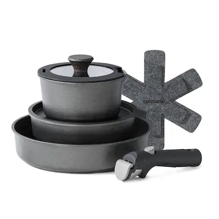 Front. SENSARTE - 8-Piece Nonstick Pots and Pans Set with Detachable Handle, Induction Compatible, Dishwasher/Oven Safe - black.
