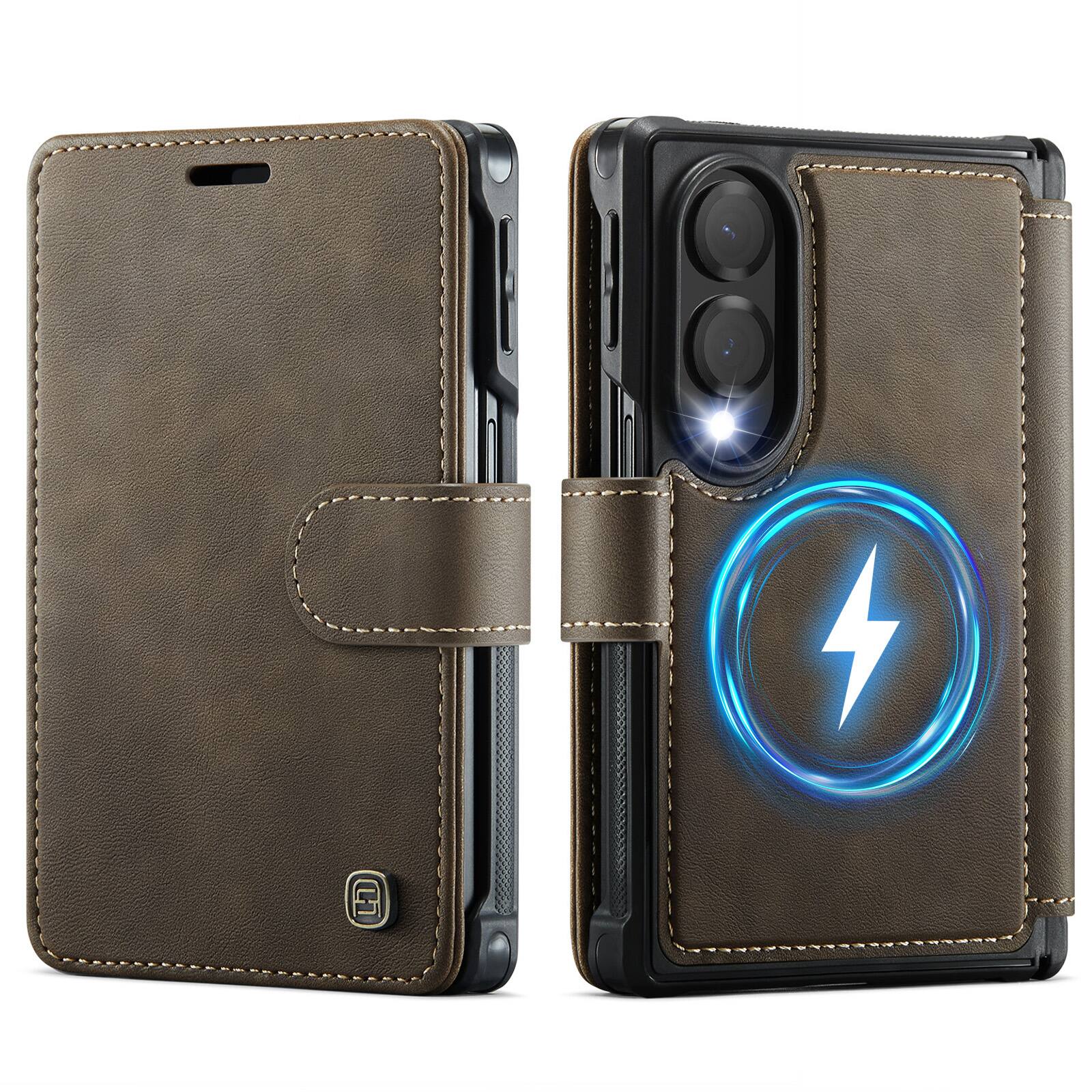 Angle. UUCOVER - Magnetic Wallet RFID Blocking Case for Samsung Galaxy Z Fold 8 Shockproof Leather Compatible with MagSafe Hinge Cover - Brown.