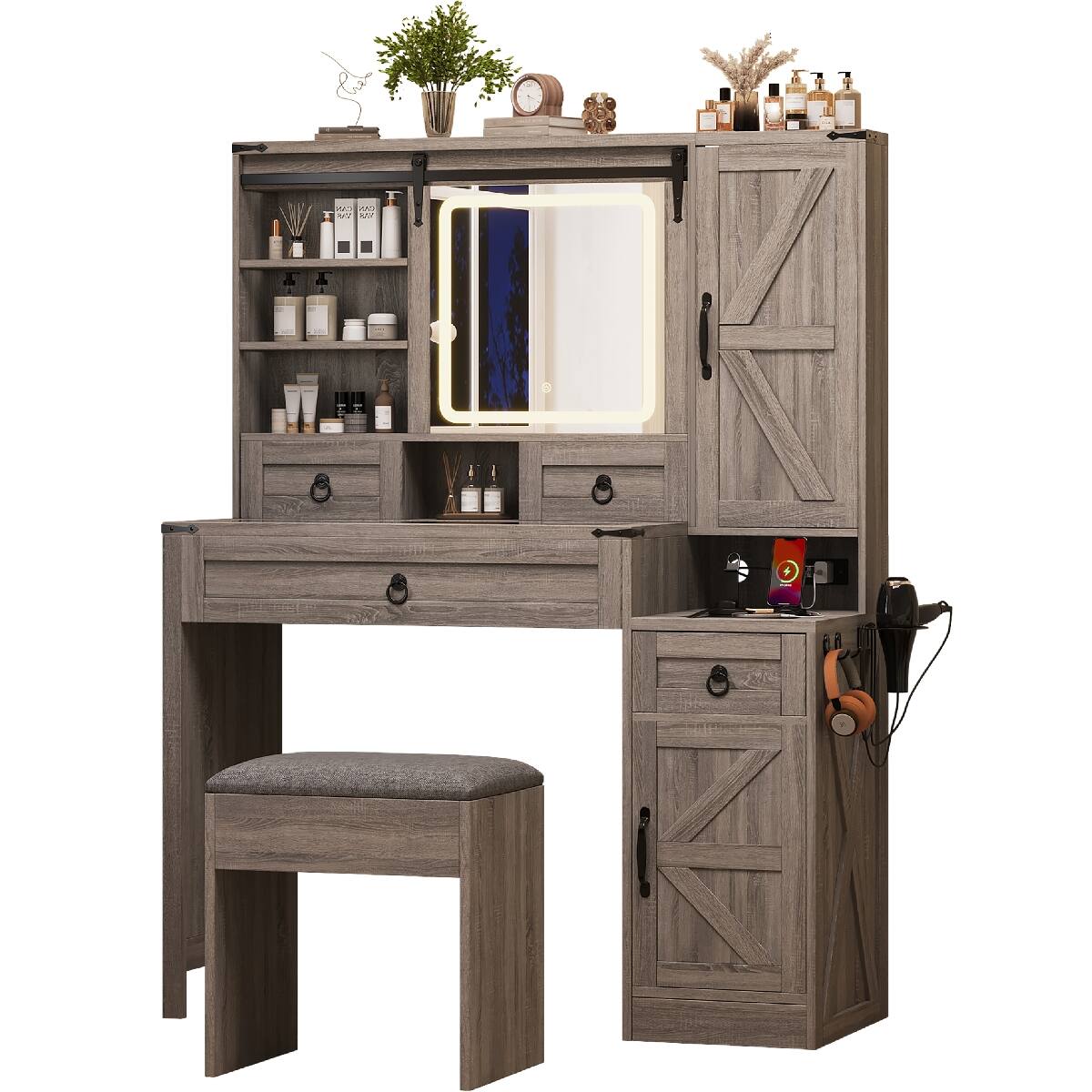 Alt View 2. Loheer - Loheer Farmhouse Vanity Desk with LED Mirror, Gray Vanity Set with Stool - Gray.