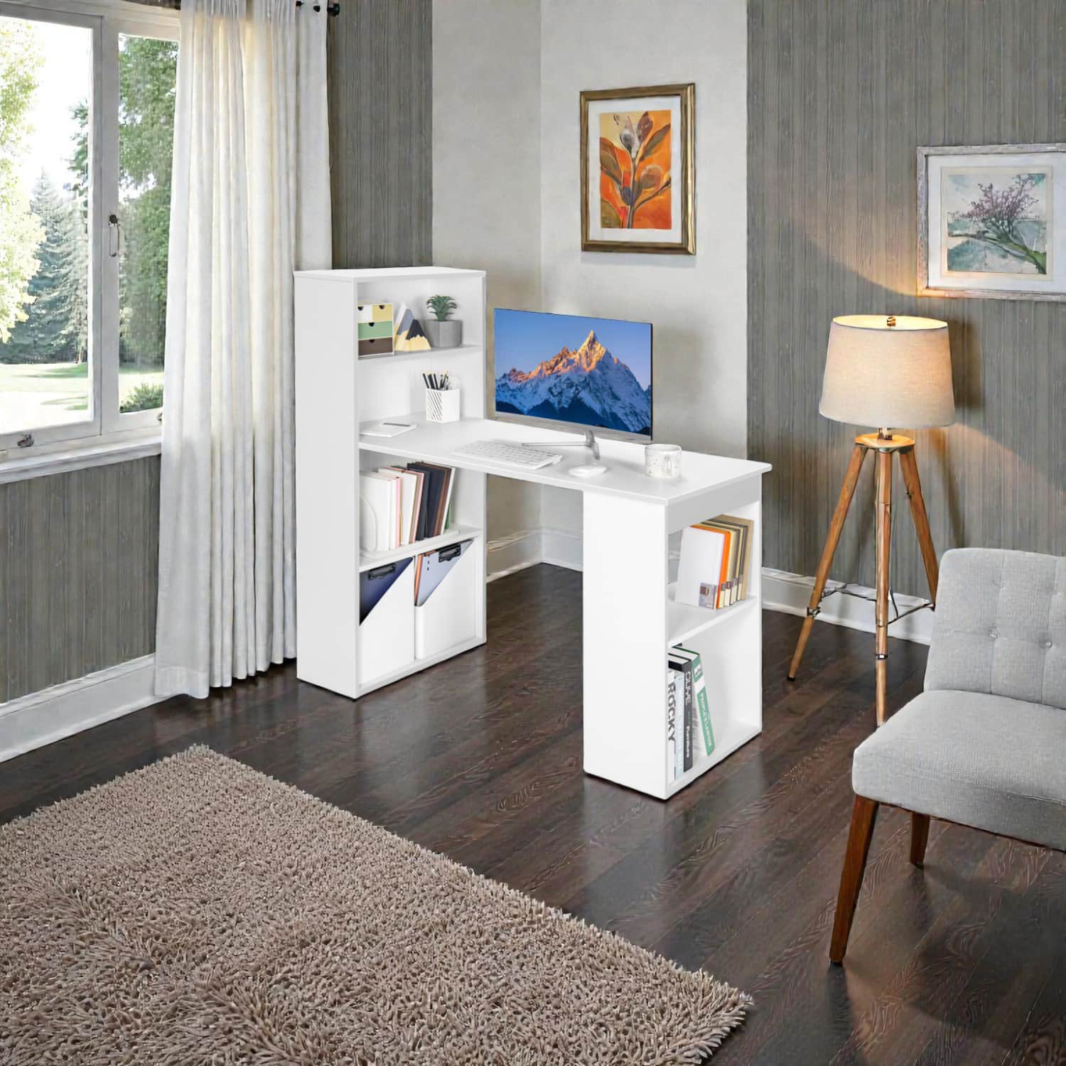 Hivvago - 48" Workstation Desk Featuring 4-Tier Book Organizer and CPU Holder - White