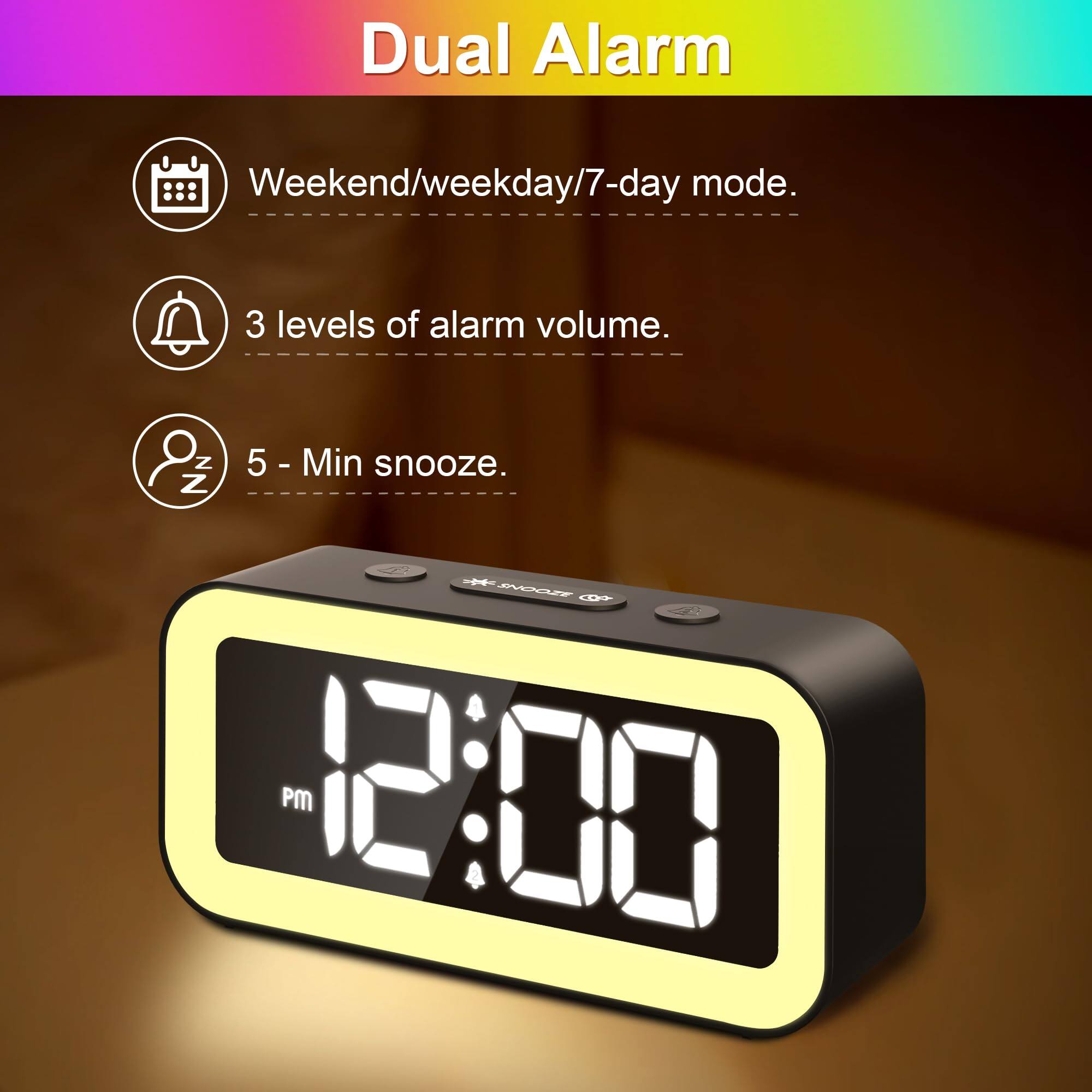 Dual Alarm

- Weekend/weekday/7-day mode.
- 3 levels of alarm volume.
- 5 - Min snooze.